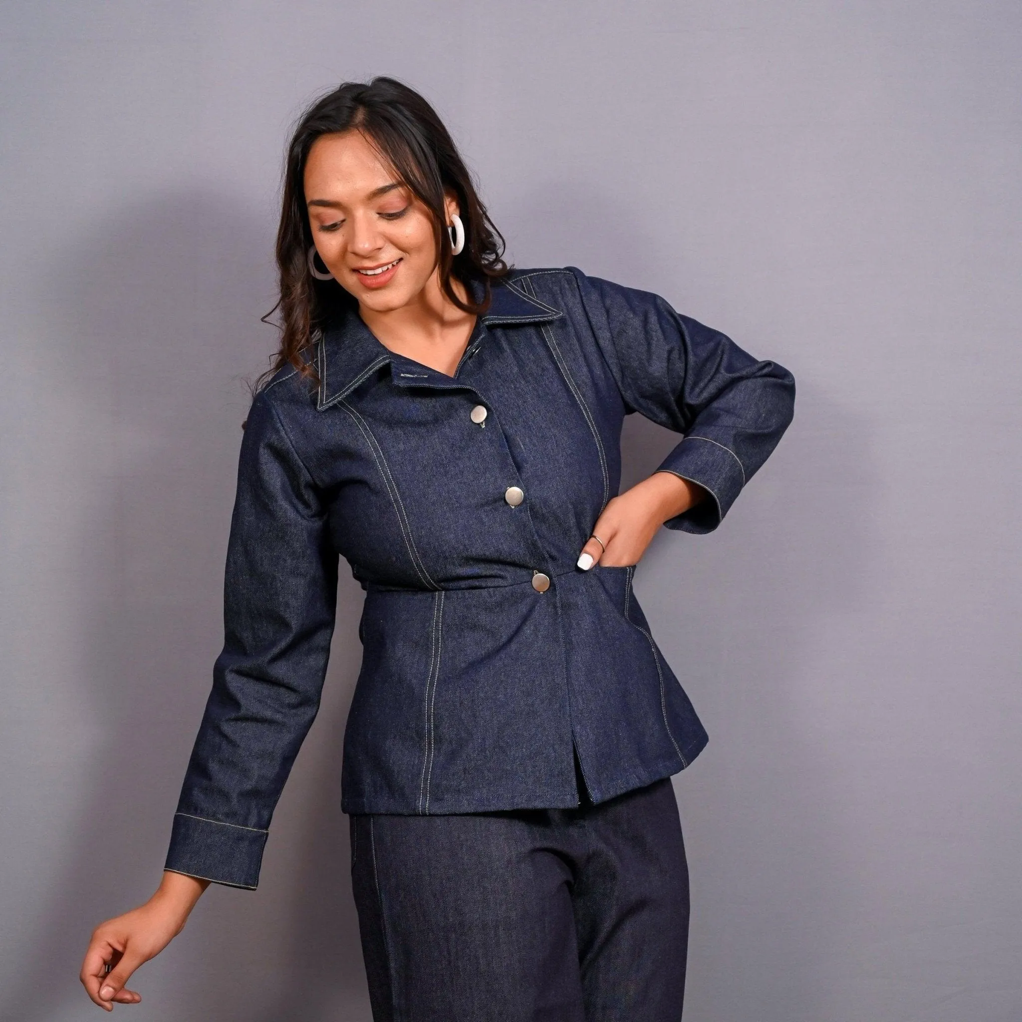 Indigo Cotton Denim Button-Down Peplum Top