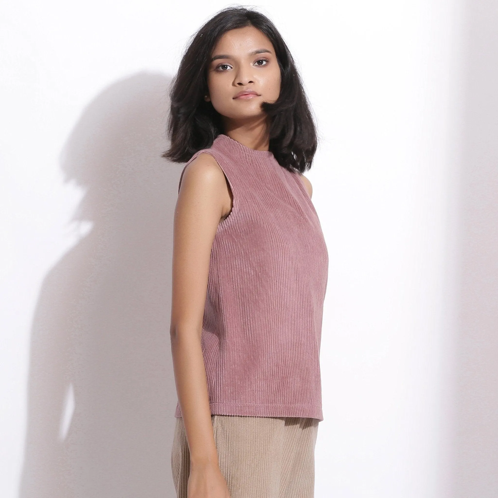 Mauve Warm Cotton Corduroy Funnel Neck Top