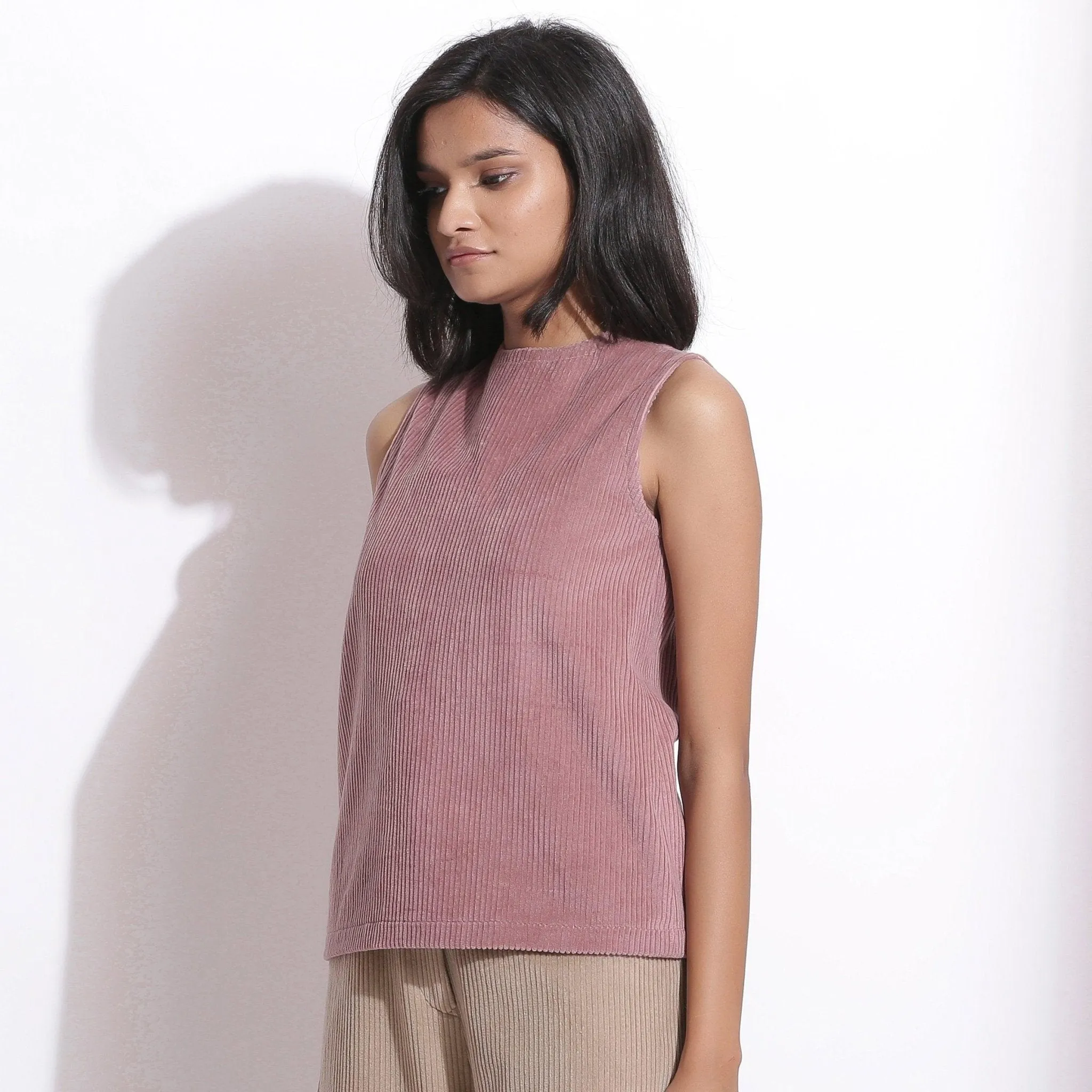 Mauve Warm Cotton Corduroy Funnel Neck Top