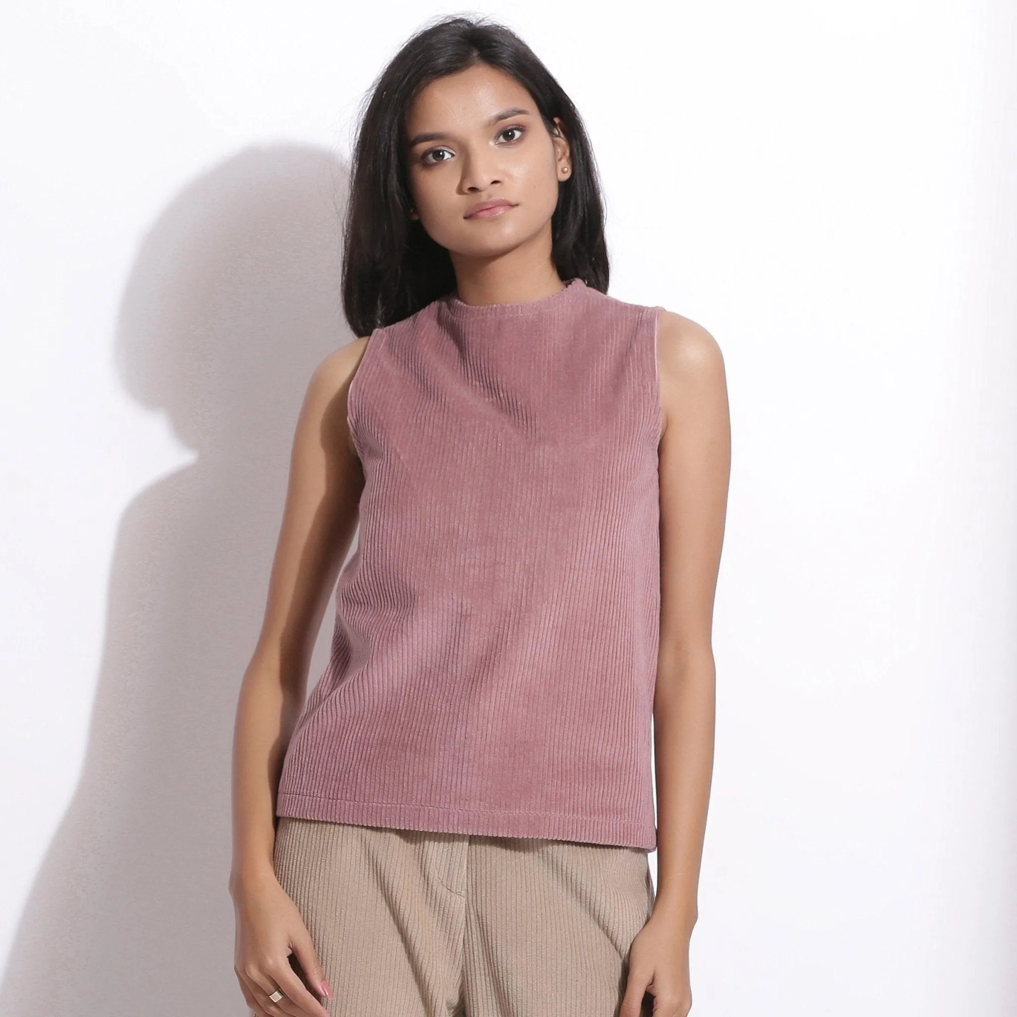 Mauve Warm Cotton Corduroy Funnel Neck Top