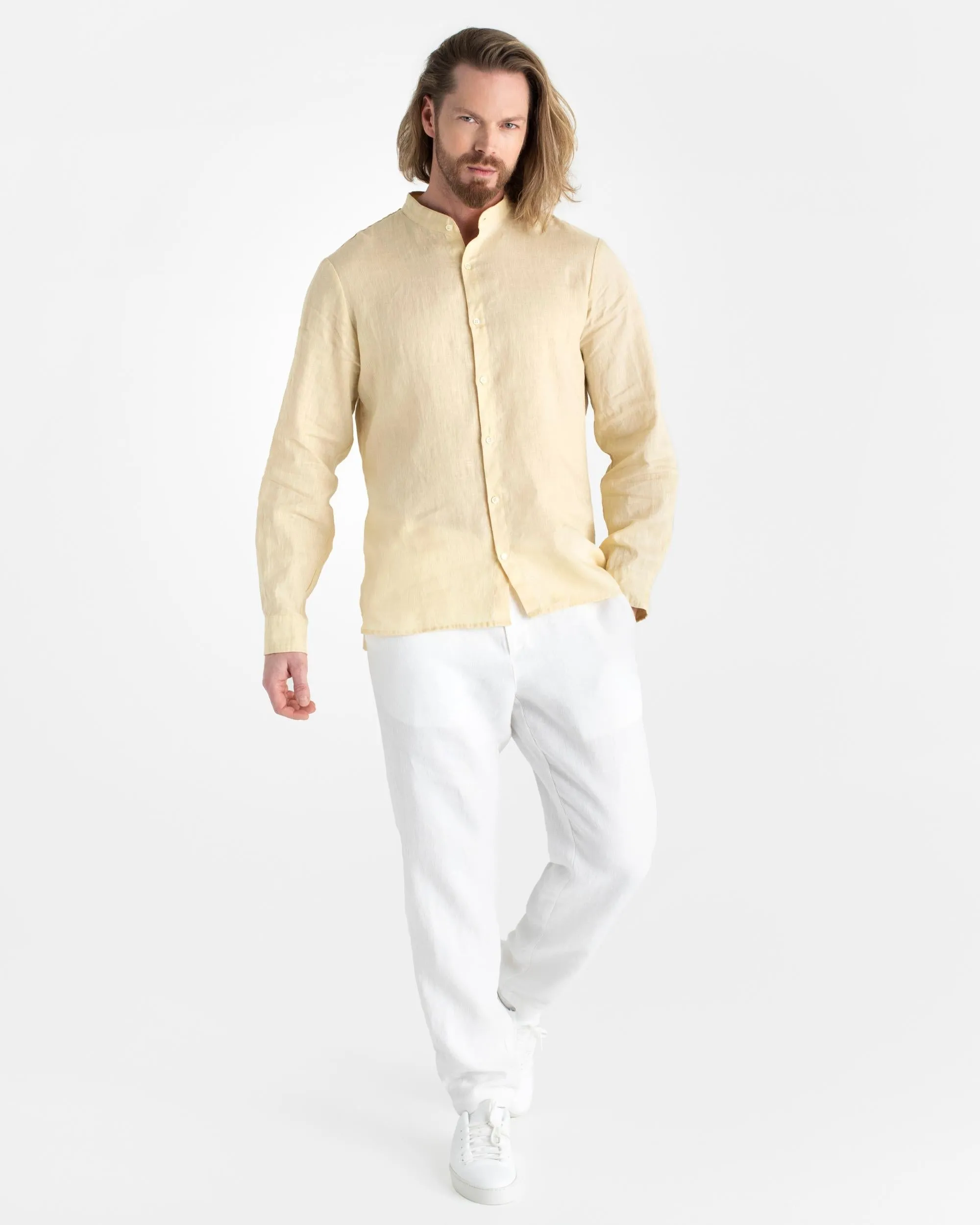 Men's linen band collar shirt BONAIRE in Cream