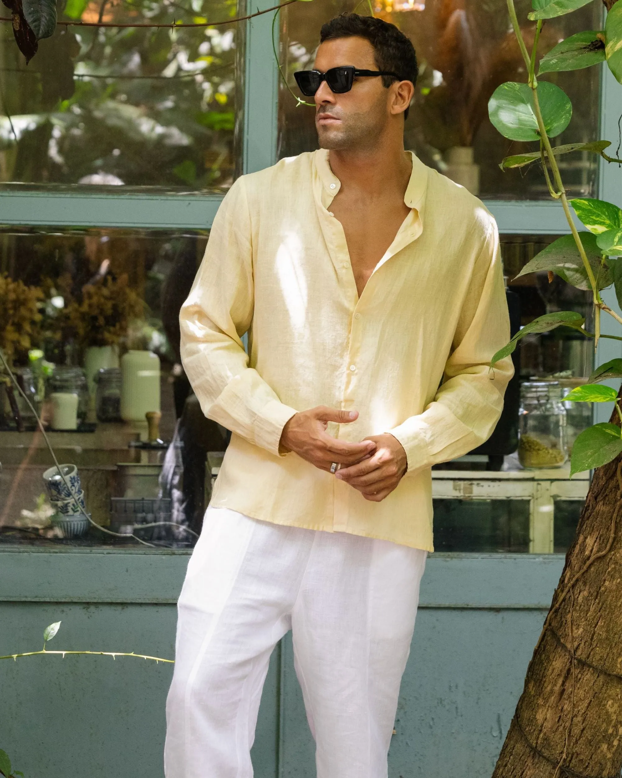 Men's linen band collar shirt BONAIRE in Cream