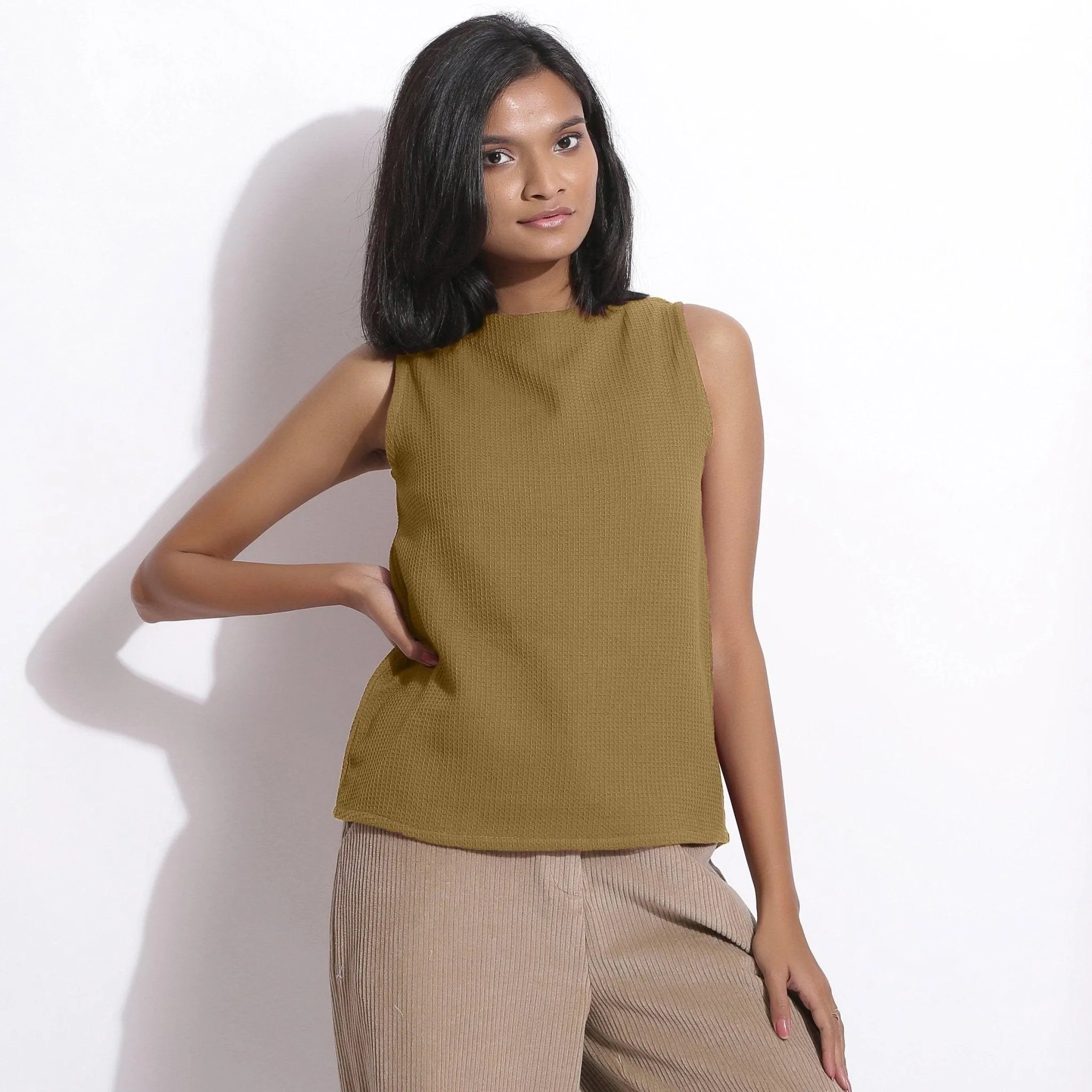 Olive Green Warm Cotton Waffle Funnel Neck Top