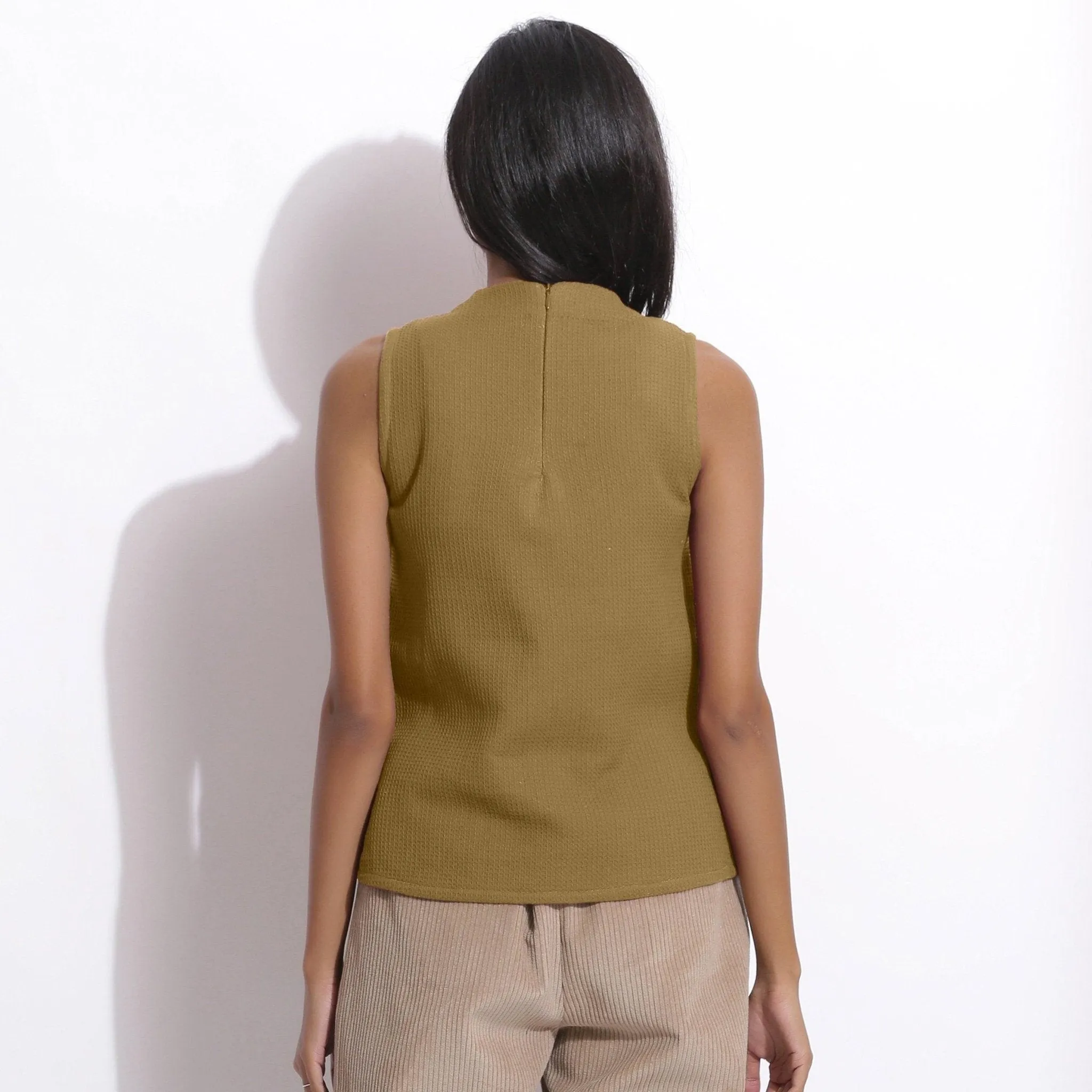 Olive Green Warm Cotton Waffle Funnel Neck Top