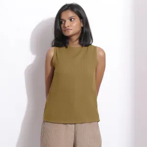Olive Green Warm Cotton Waffle Funnel Neck Top