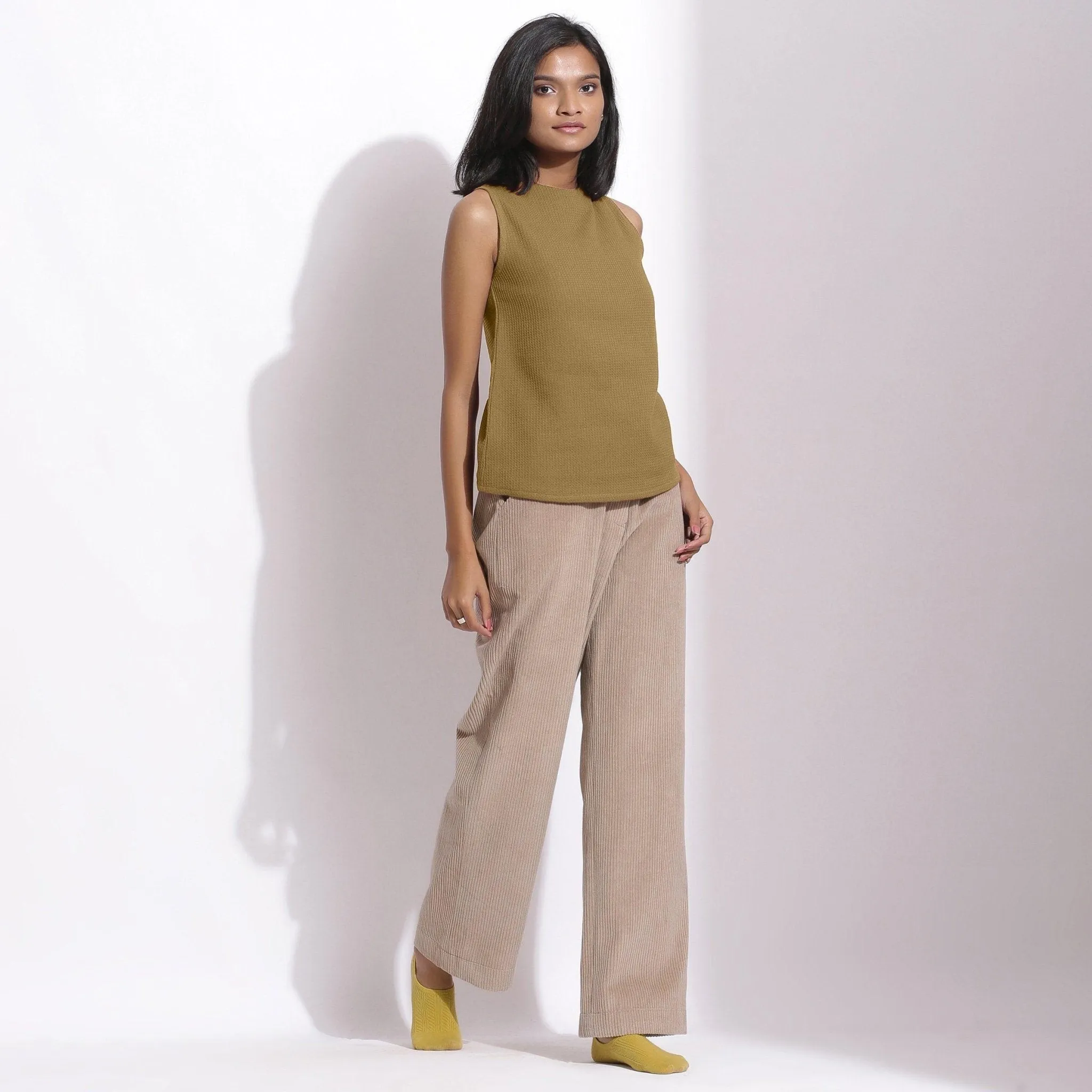 Olive Green Warm Cotton Waffle Funnel Neck Top