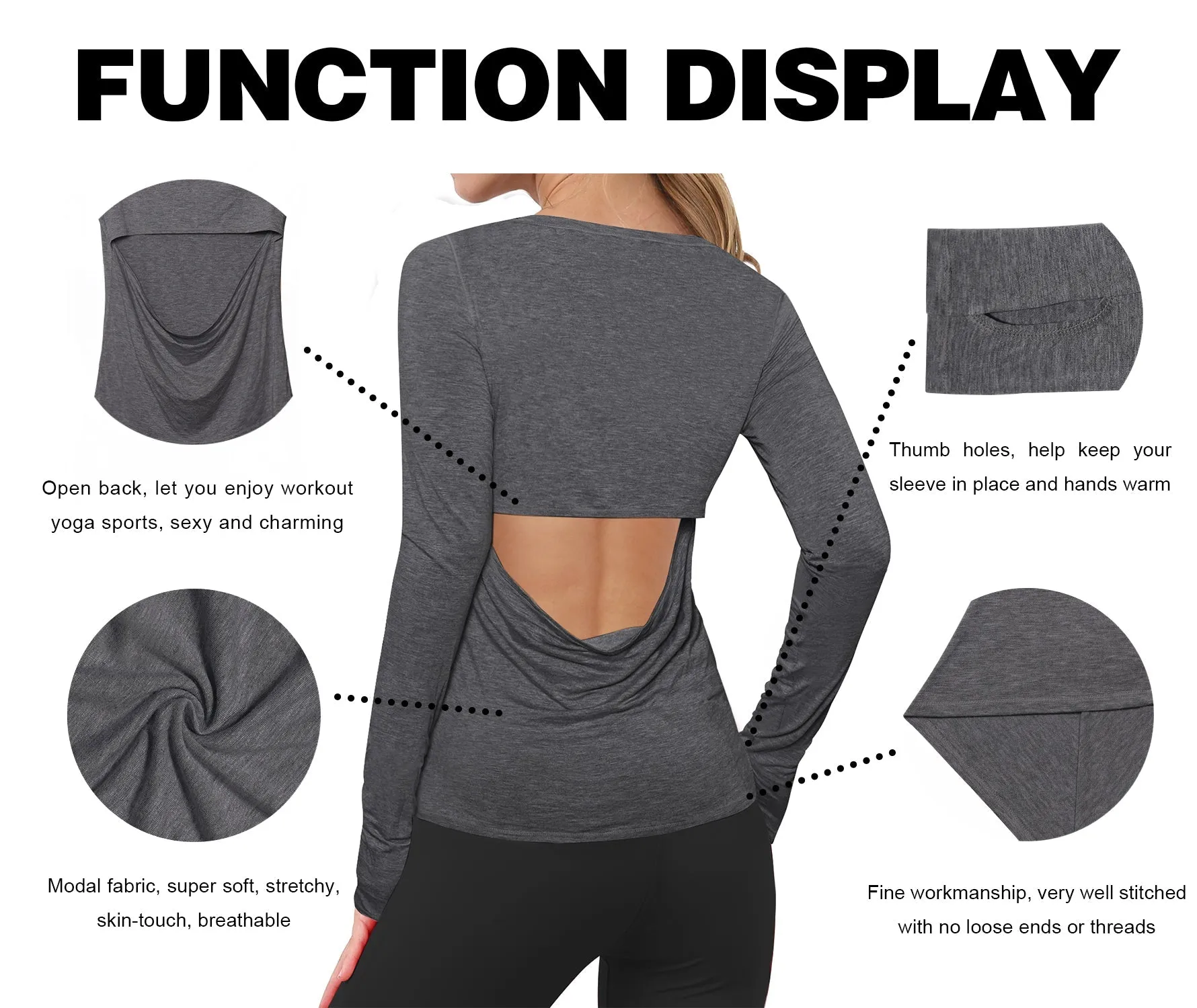 Open Back Long Sleeve Tops heathercharcoal_Gym