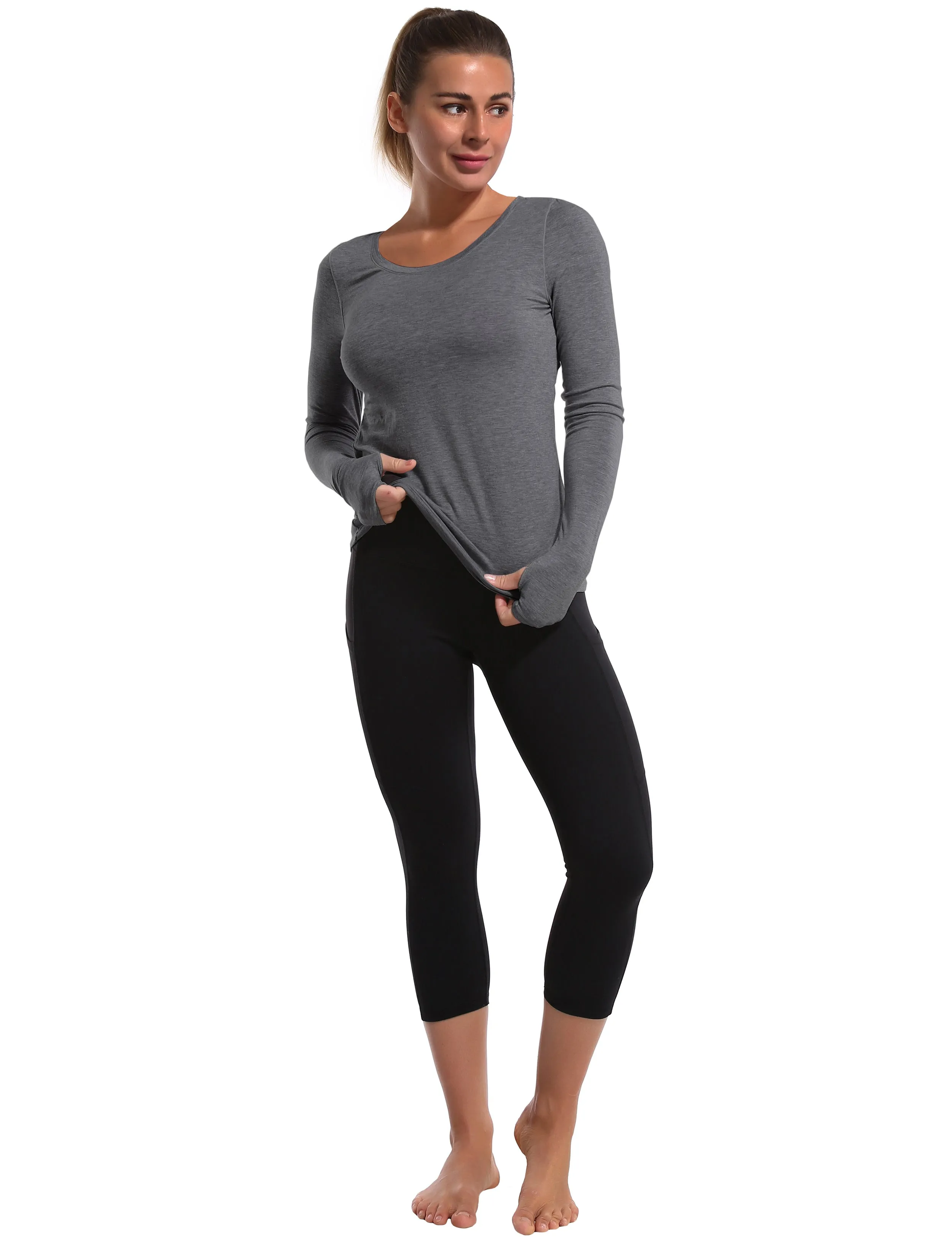 Open Back Long Sleeve Tops heathercharcoal_Gym