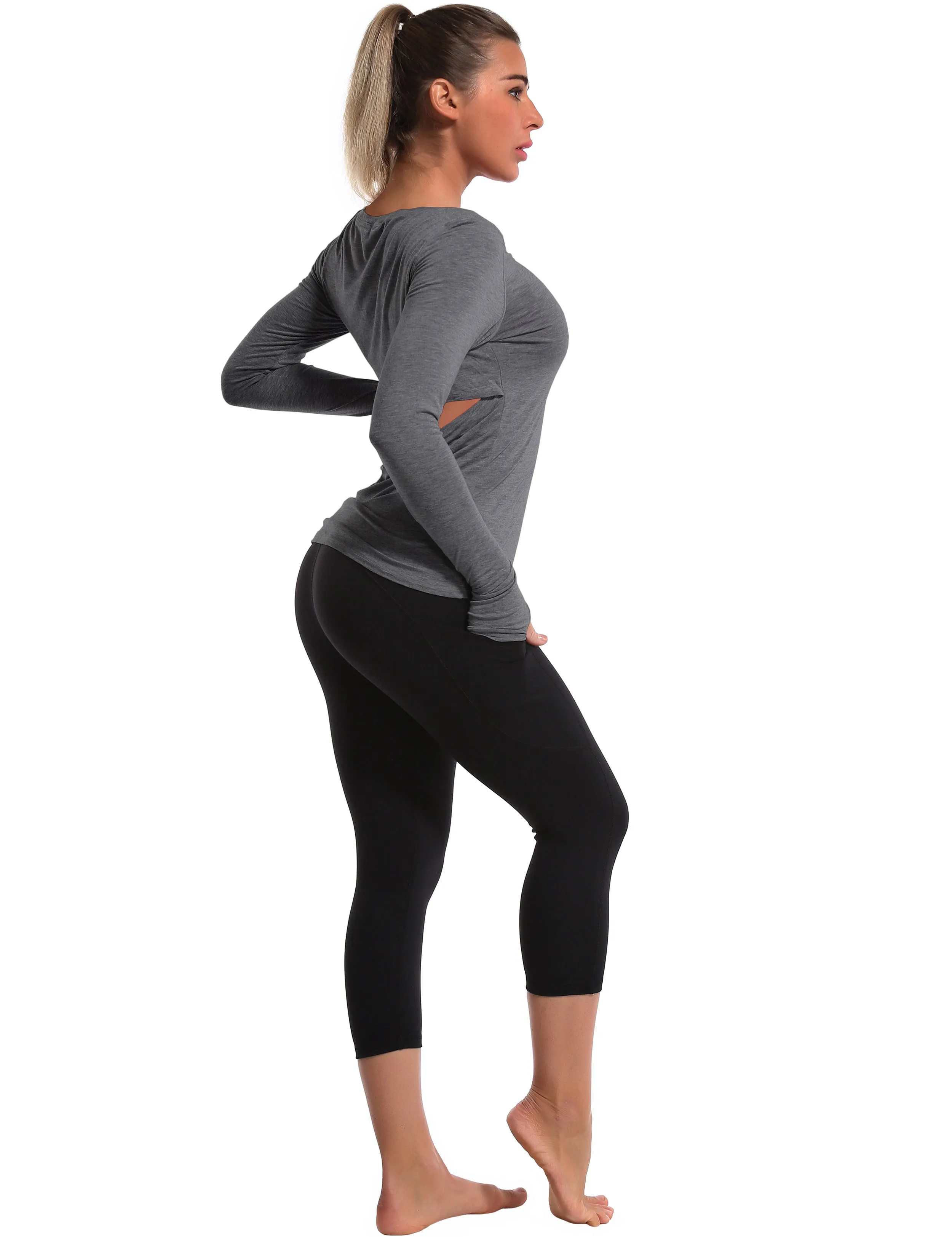Open Back Long Sleeve Tops heathercharcoal_Gym