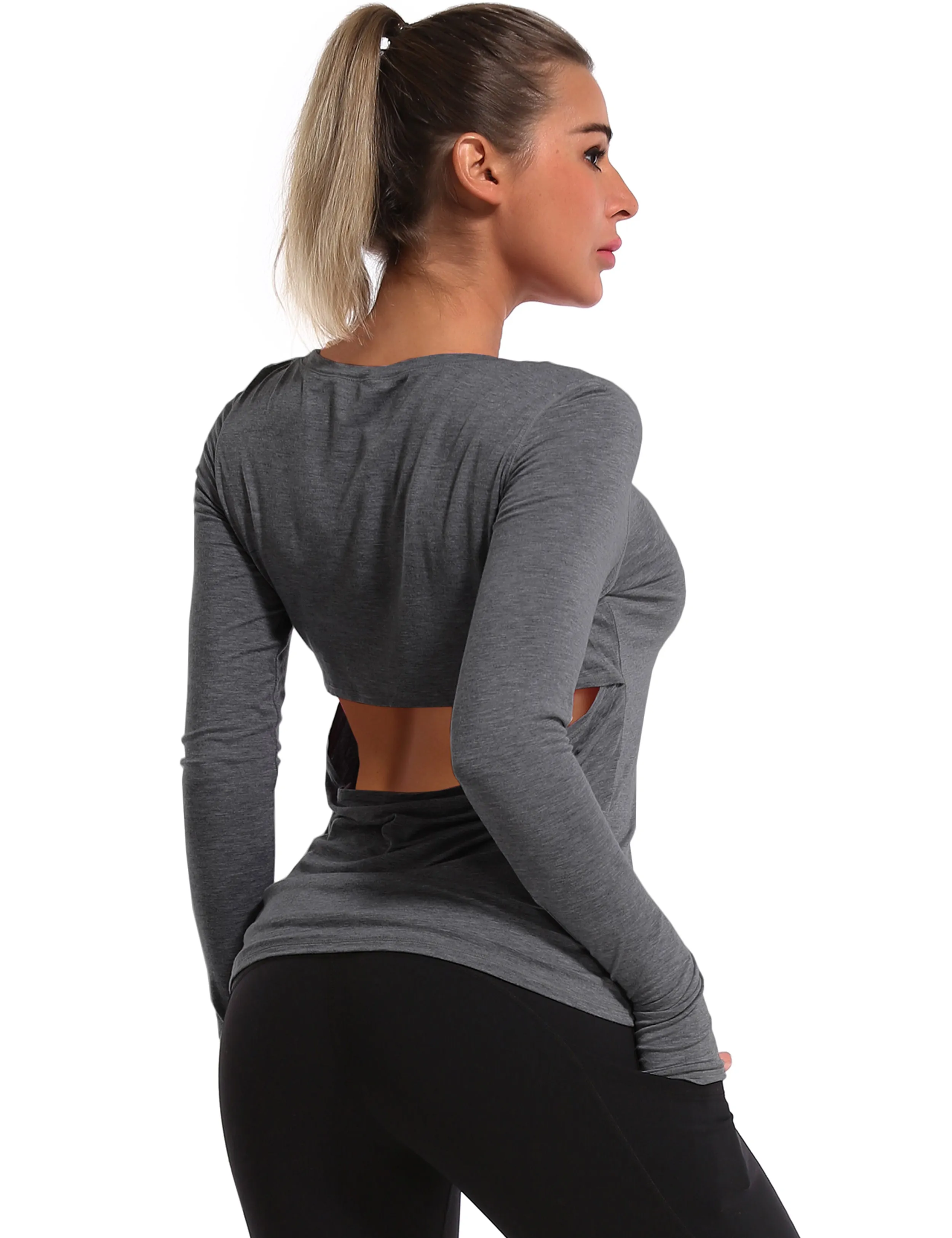 Open Back Long Sleeve Tops heathercharcoal_Gym