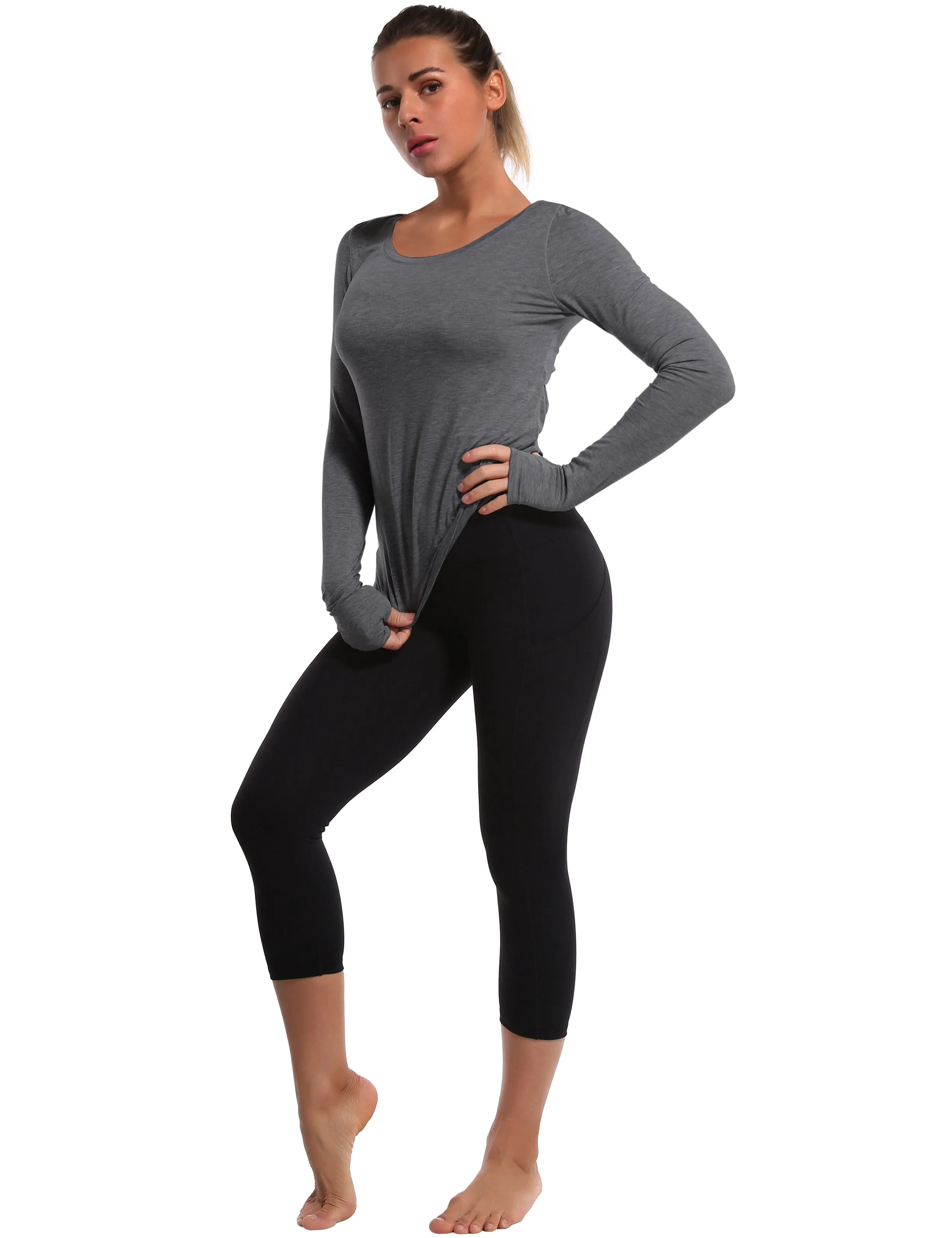 Open Back Long Sleeve Tops heathercharcoal_Gym