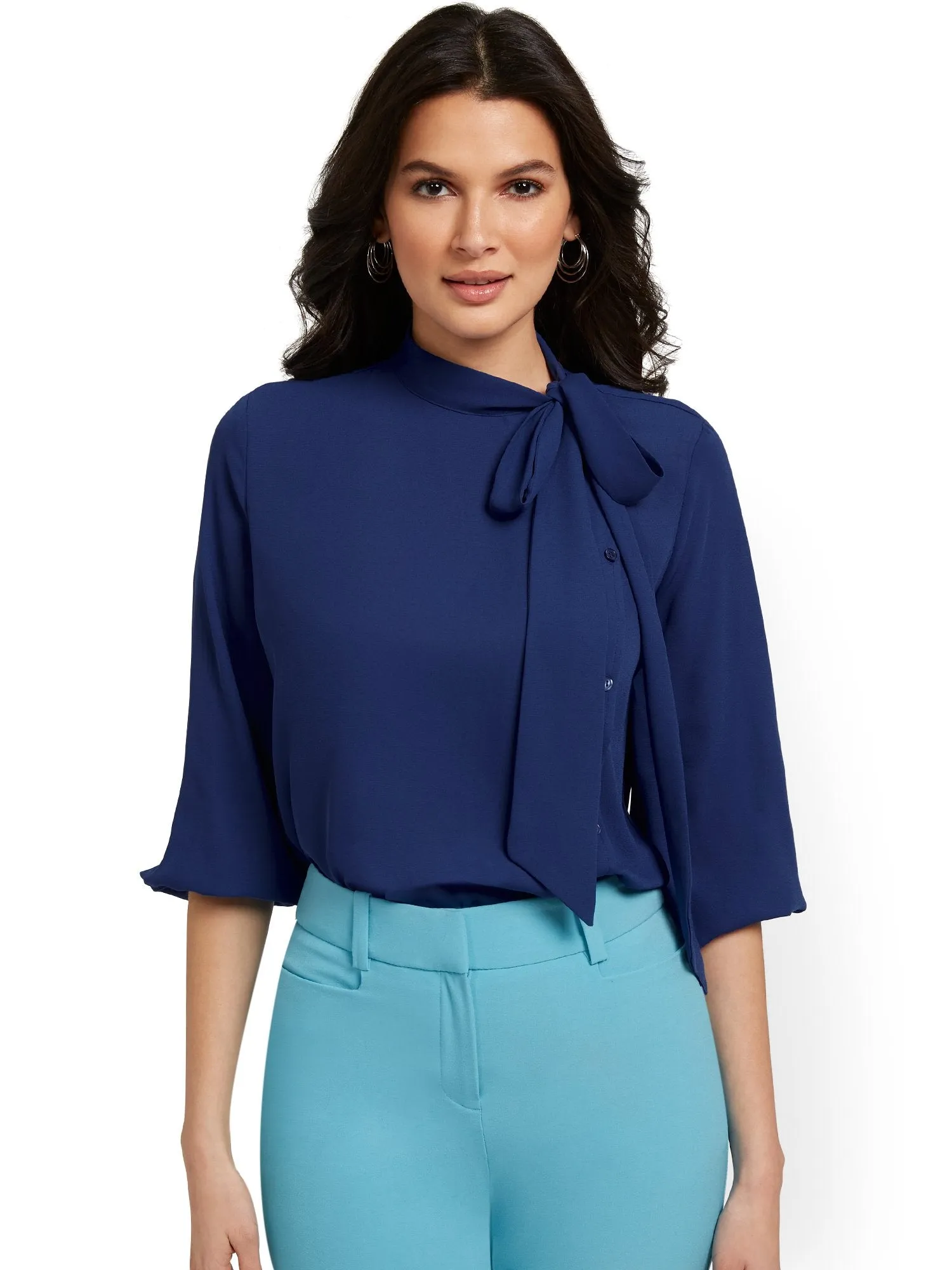 Petite Button-Front Bow-Neck Blouse