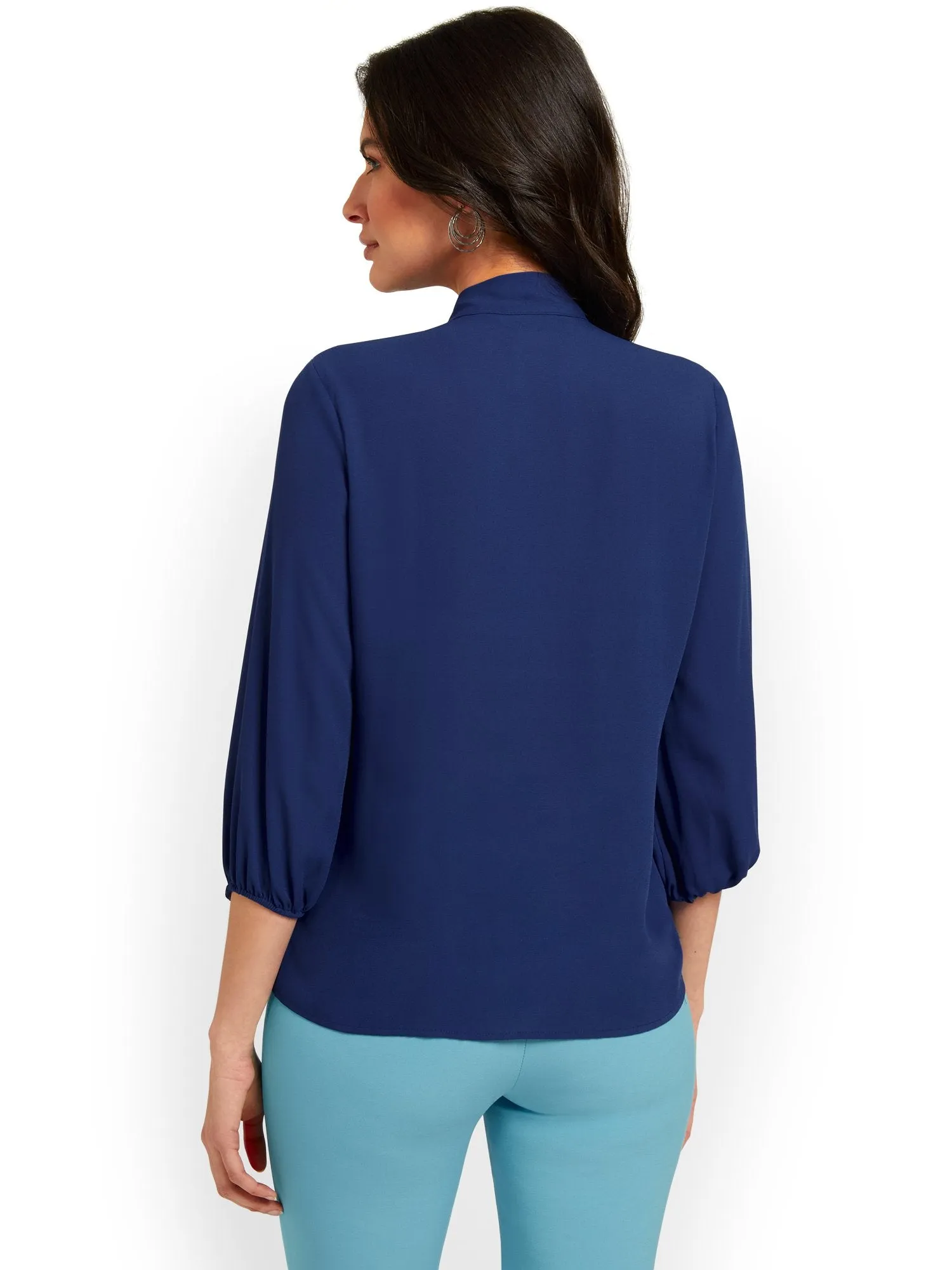 Petite Button-Front Bow-Neck Blouse