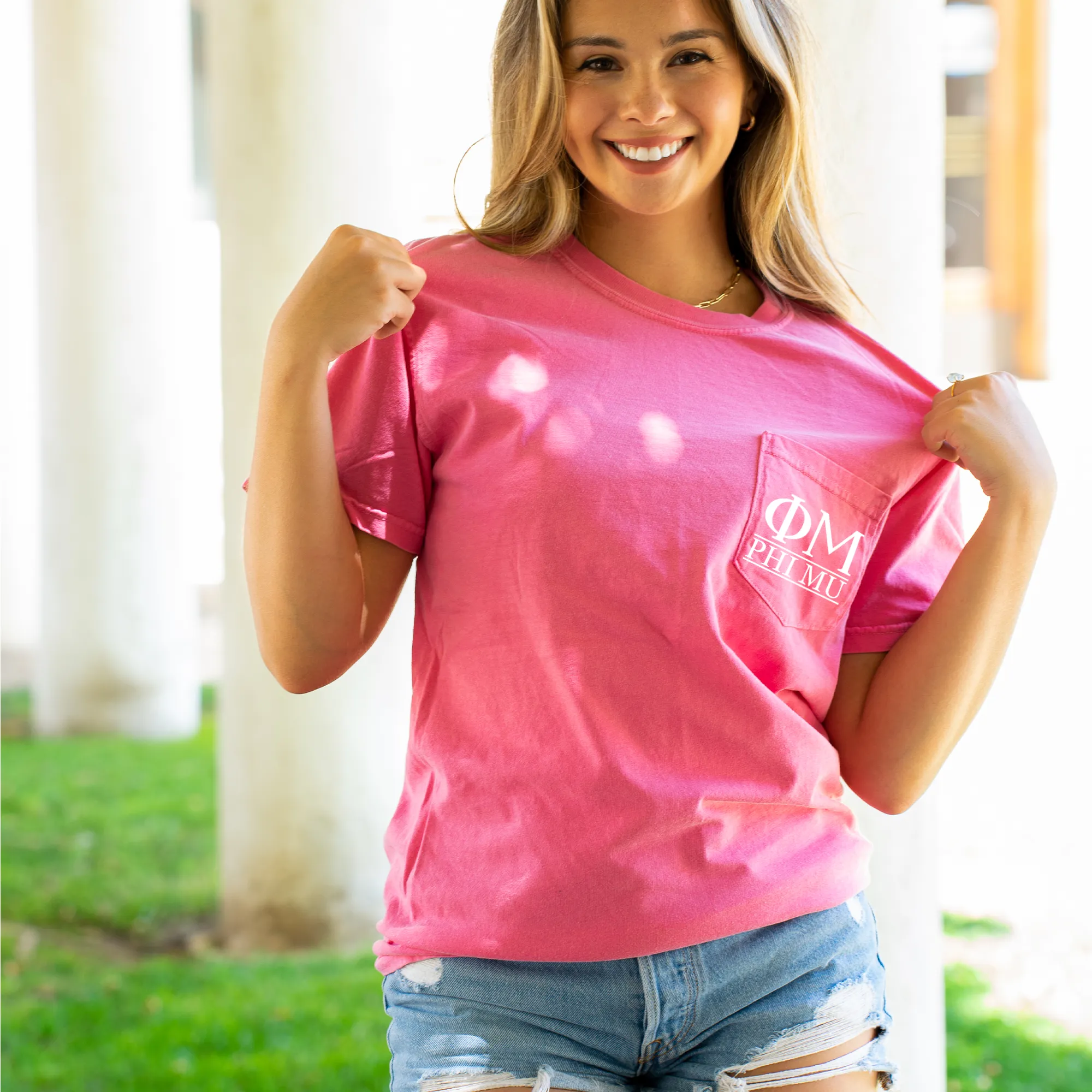 Phi Mu Block Letters Pocket T-Shirt - Pink