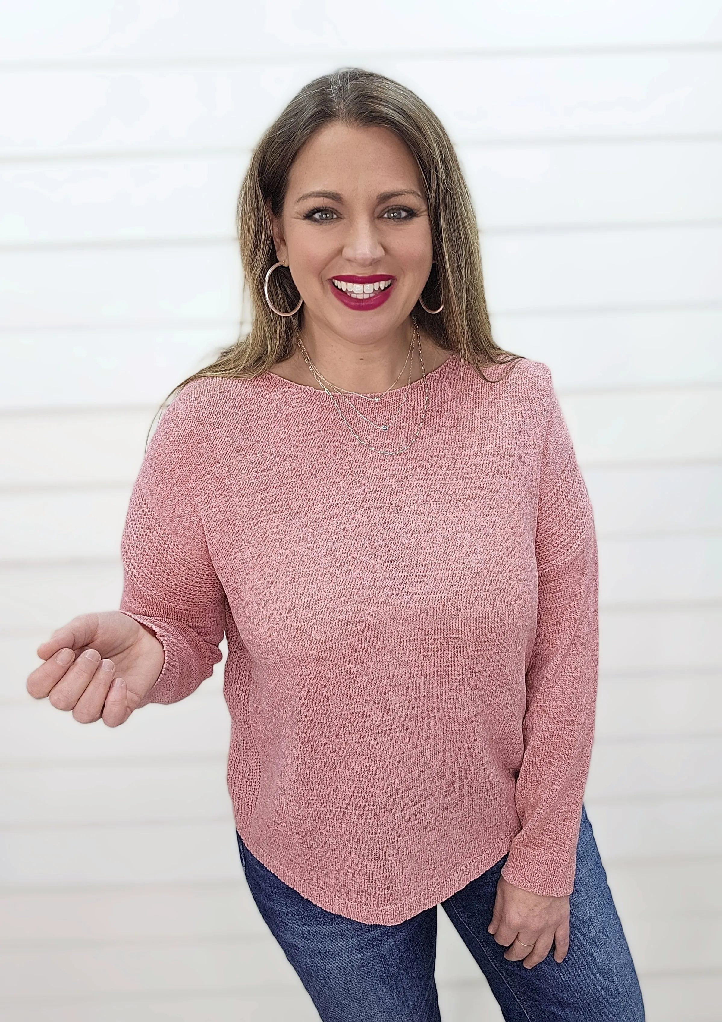 PINK LIGHTWEIGHT DROP SHOULDER ROUND HEM RIB KNIT
