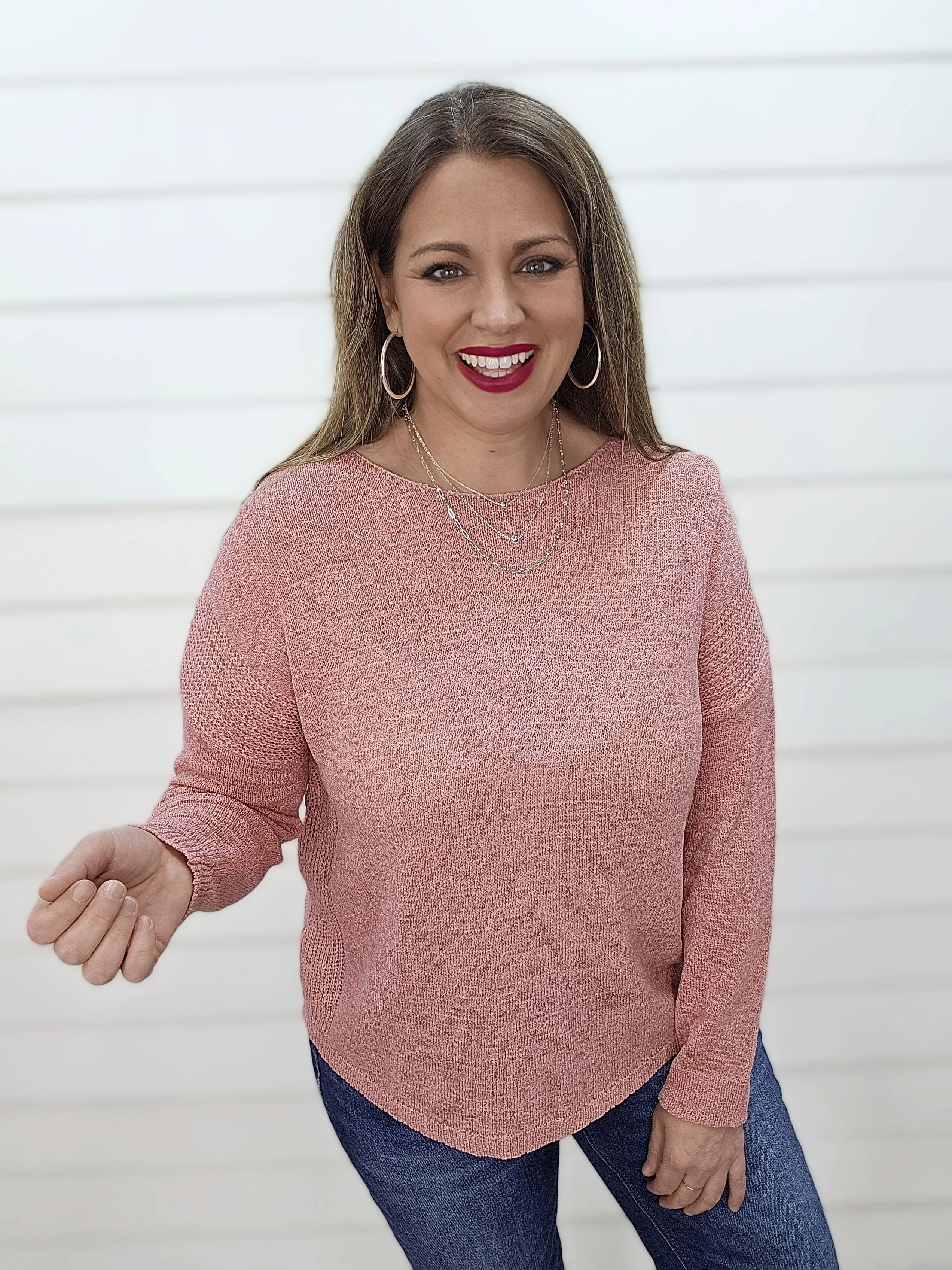 PINK LIGHTWEIGHT DROP SHOULDER ROUND HEM RIB KNIT