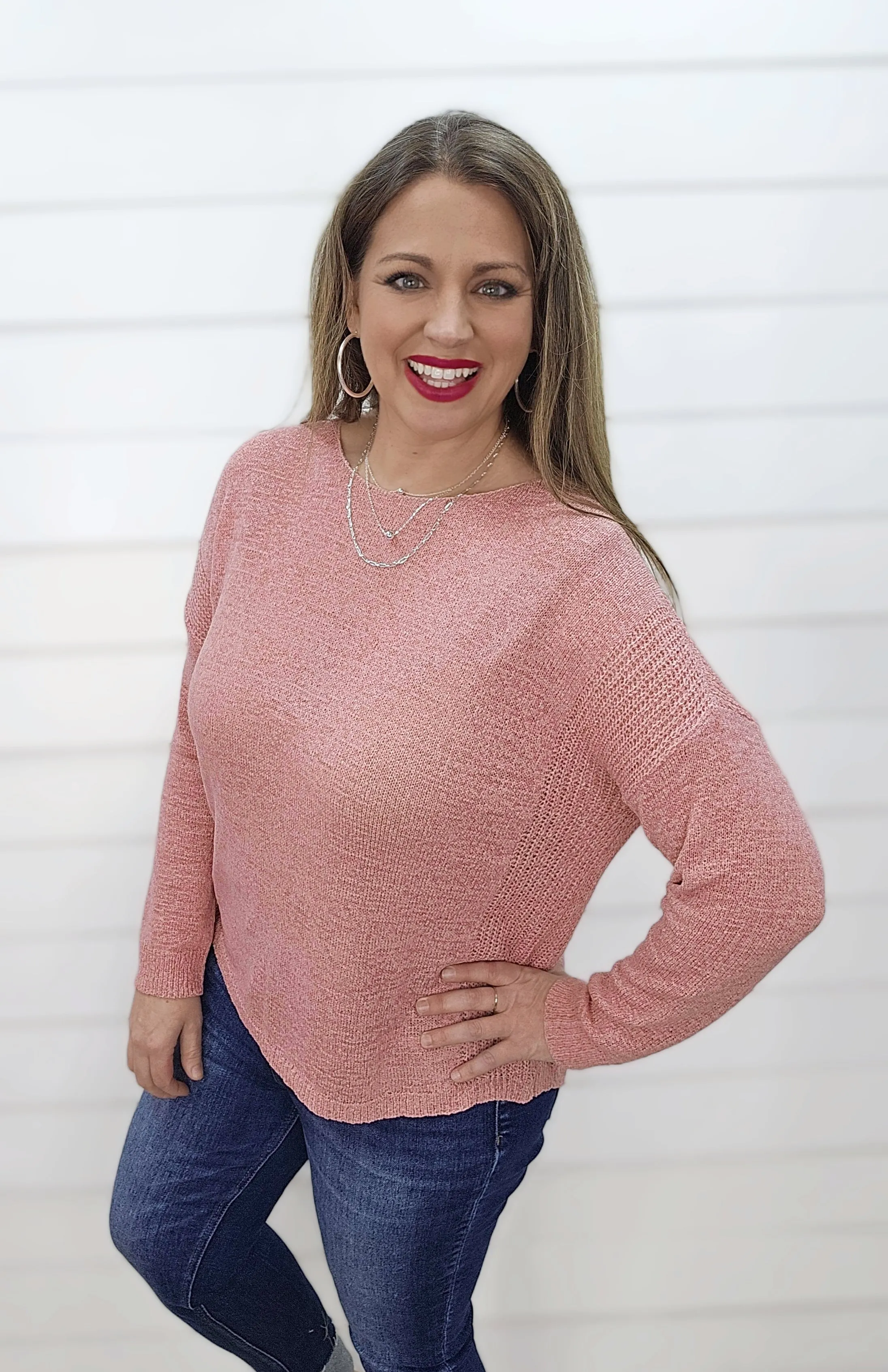 PINK LIGHTWEIGHT DROP SHOULDER ROUND HEM RIB KNIT