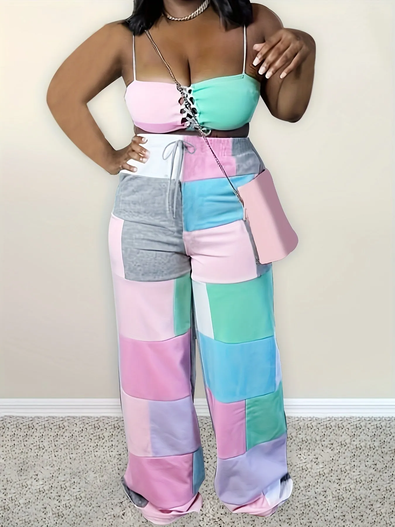 Plus Size Colorblock Elastic Drawstring High Rise Slight Stretch Wide Leg   Pants Set