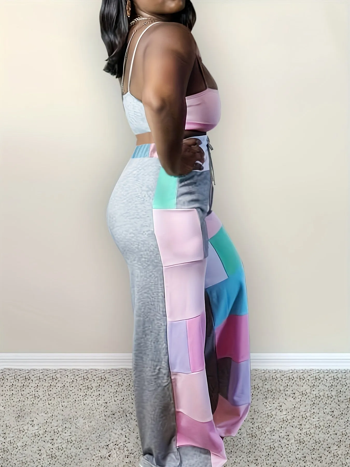 Plus Size Colorblock Elastic Drawstring High Rise Slight Stretch Wide Leg   Pants Set