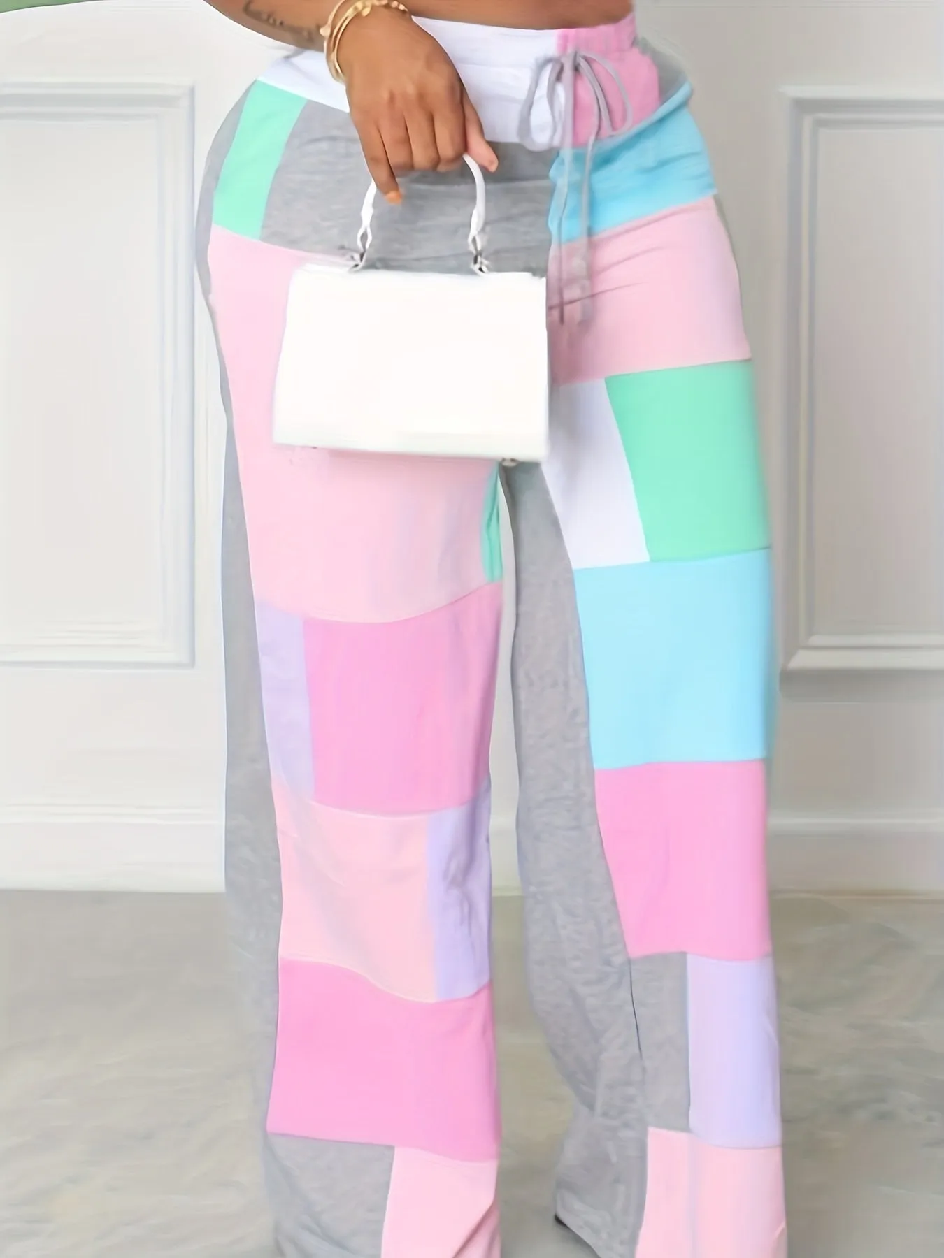 Plus Size Colorblock Elastic Drawstring High Rise Slight Stretch Wide Leg   Pants Set