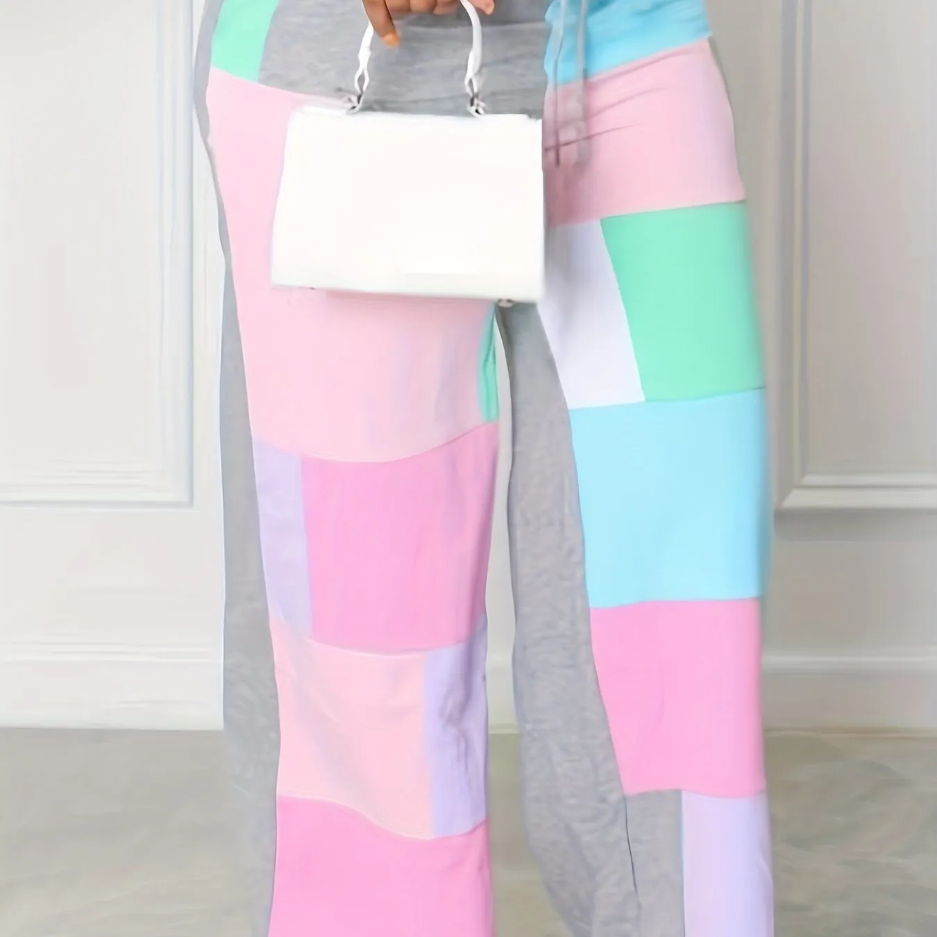 Plus Size Colorblock Elastic Drawstring High Rise Slight Stretch Wide Leg   Pants Set