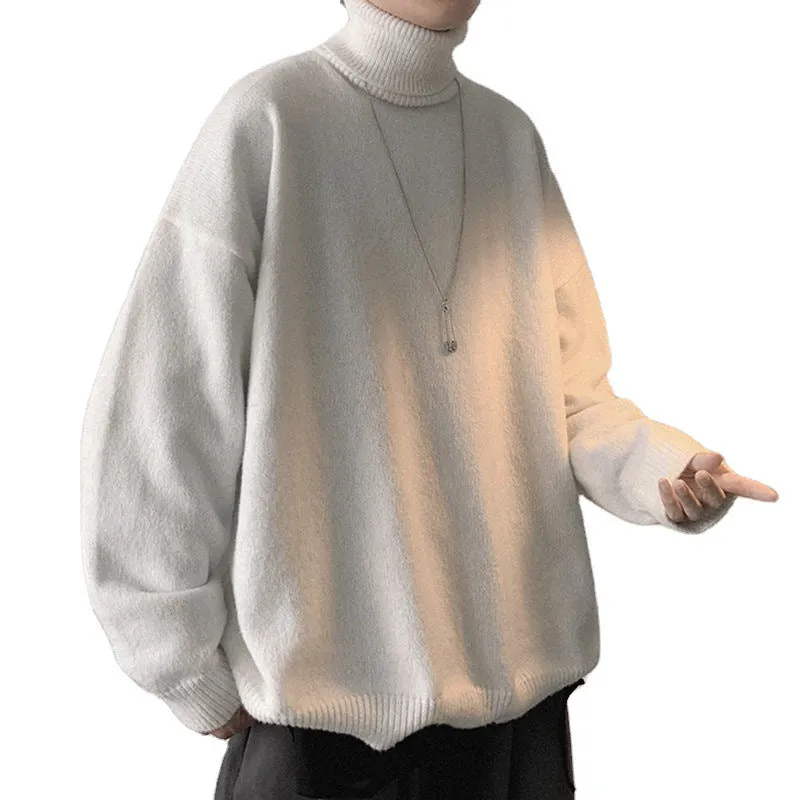 Popular High Collar Men Warm Loose Thick Trendy Hong Kong Student Solid Colored Sweater