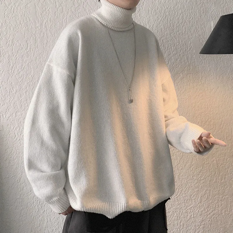 Popular High Collar Men Warm Loose Thick Trendy Hong Kong Student Solid Colored Sweater