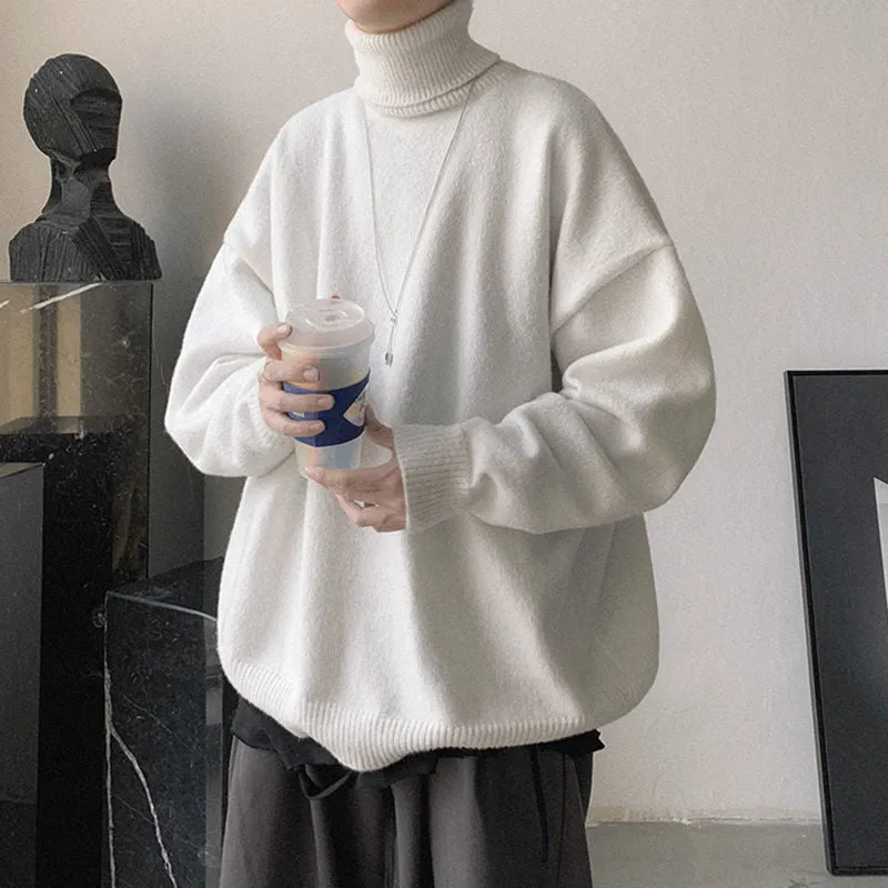 Popular High Collar Men Warm Loose Thick Trendy Hong Kong Student Solid Colored Sweater