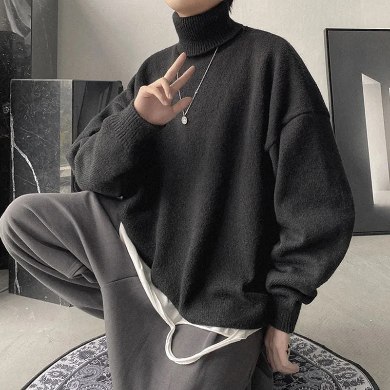 Popular High Collar Men Warm Loose Thick Trendy Hong Kong Student Solid Colored Sweater