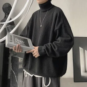 Popular High Collar Men Warm Loose Thick Trendy Hong Kong Student Solid Colored Sweater