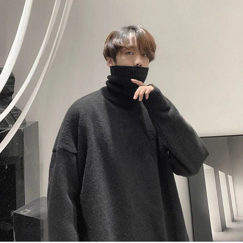 Popular High Collar Men Warm Loose Thick Trendy Hong Kong Student Solid Colored Sweater