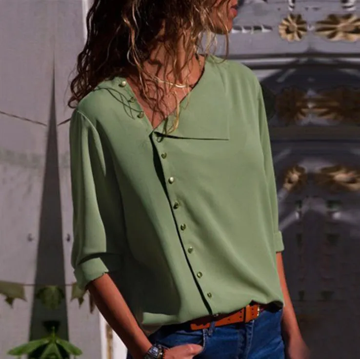 Popular Trendy Button Niche Oblique Collar Long Sleeved Women Tops Shirt Blouse