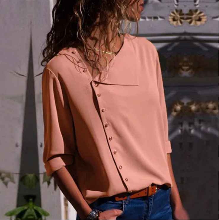 Popular Trendy Button Niche Oblique Collar Long Sleeved Women Tops Shirt Blouse