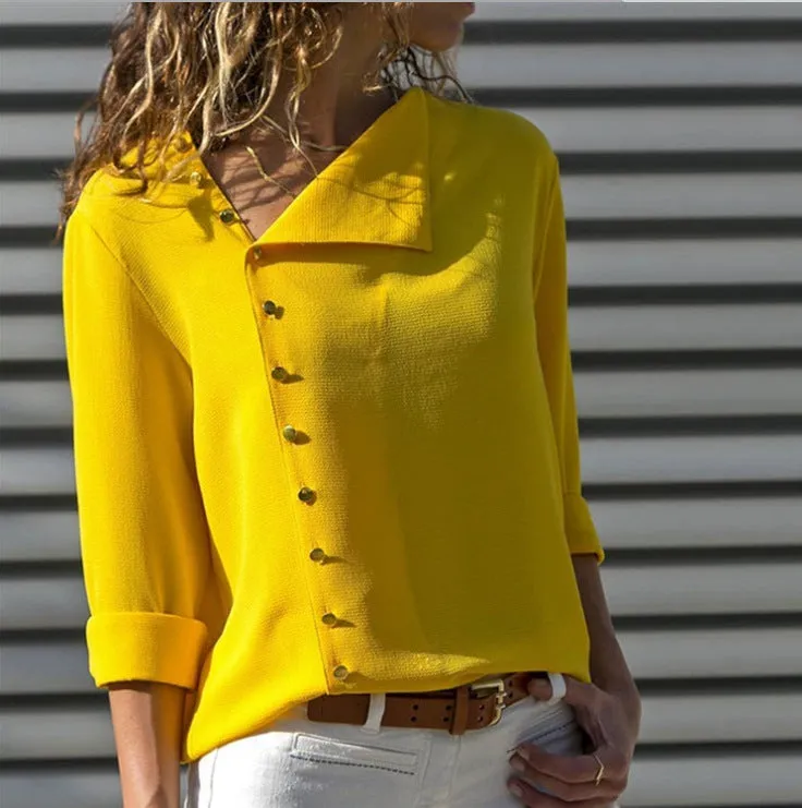 Popular Trendy Button Niche Oblique Collar Long Sleeved Women Tops Shirt Blouse