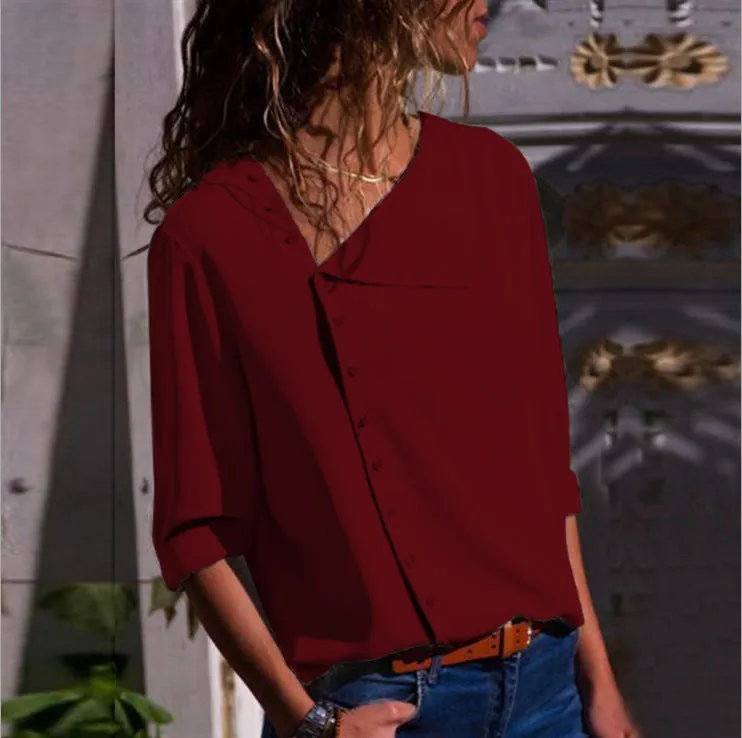Popular Trendy Button Niche Oblique Collar Long Sleeved Women Tops Shirt Blouse