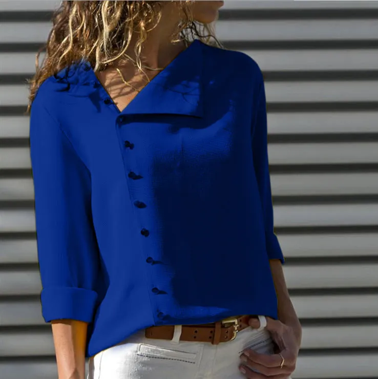 Popular Trendy Button Niche Oblique Collar Long Sleeved Women Tops Shirt Blouse