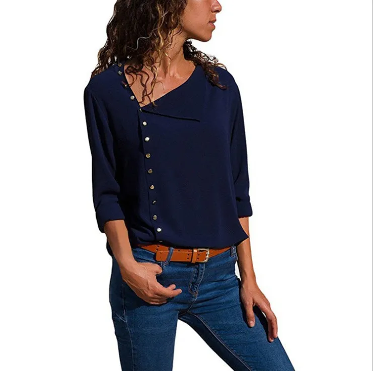 Popular Trendy Button Niche Oblique Collar Long Sleeved Women Tops Shirt Blouse