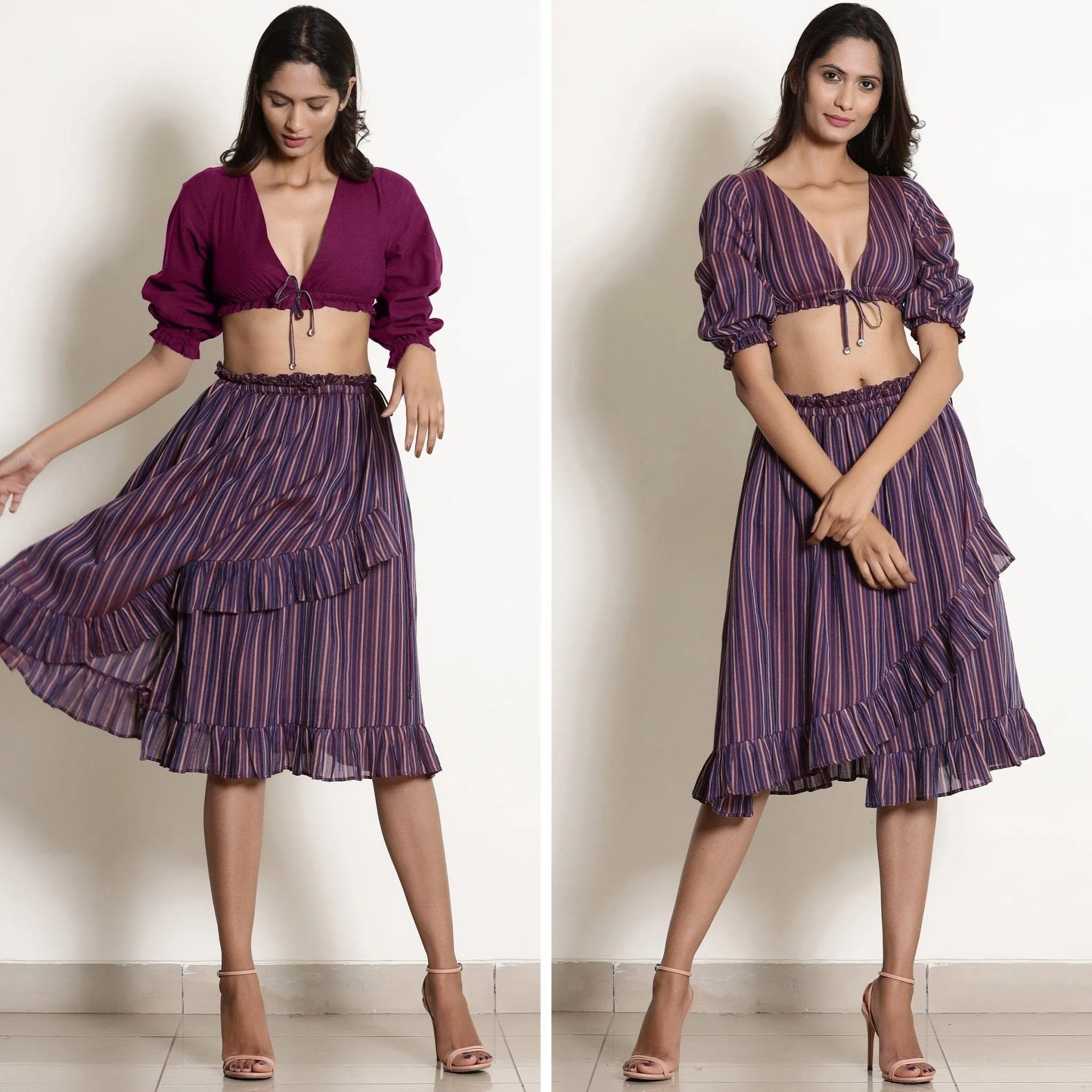 Reversible Mulberry Plunge Neck Cotton Blouson Crop Top