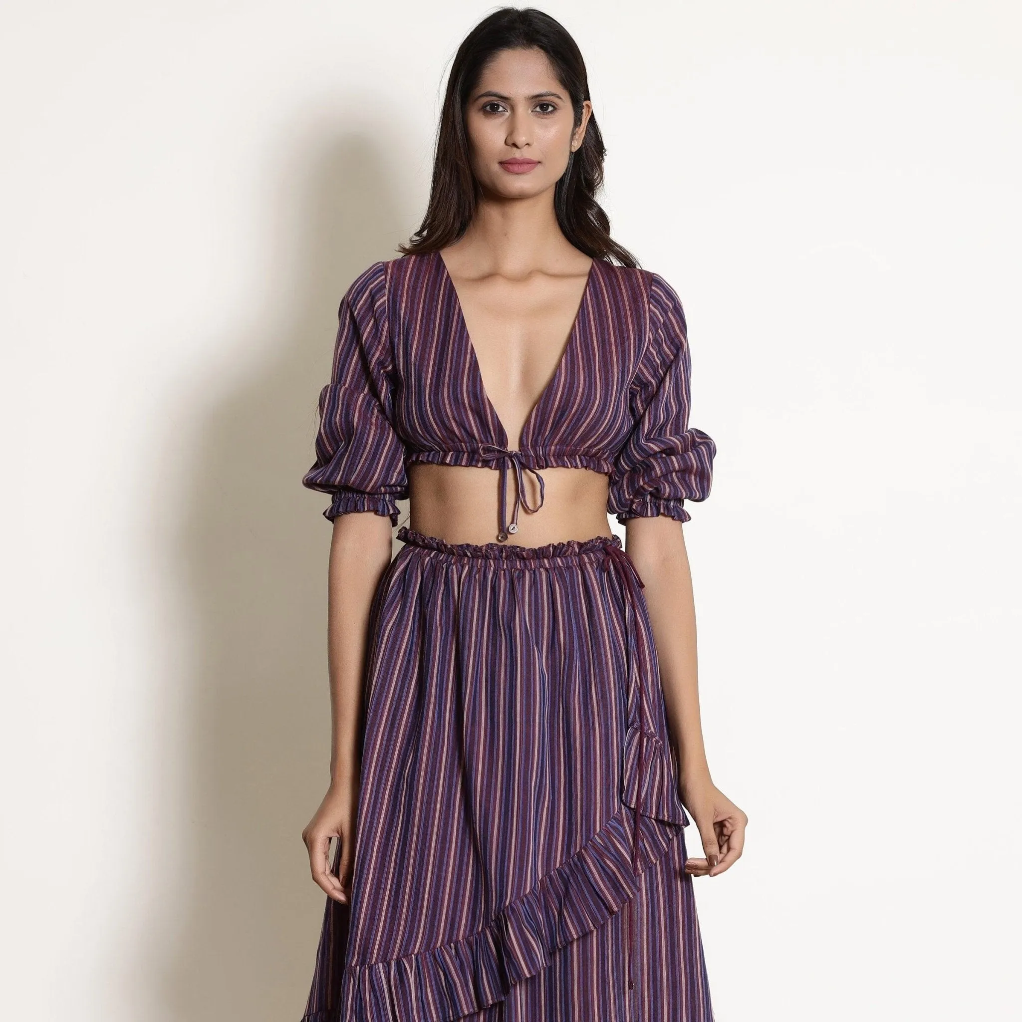 Reversible Mulberry Plunge Neck Cotton Blouson Crop Top