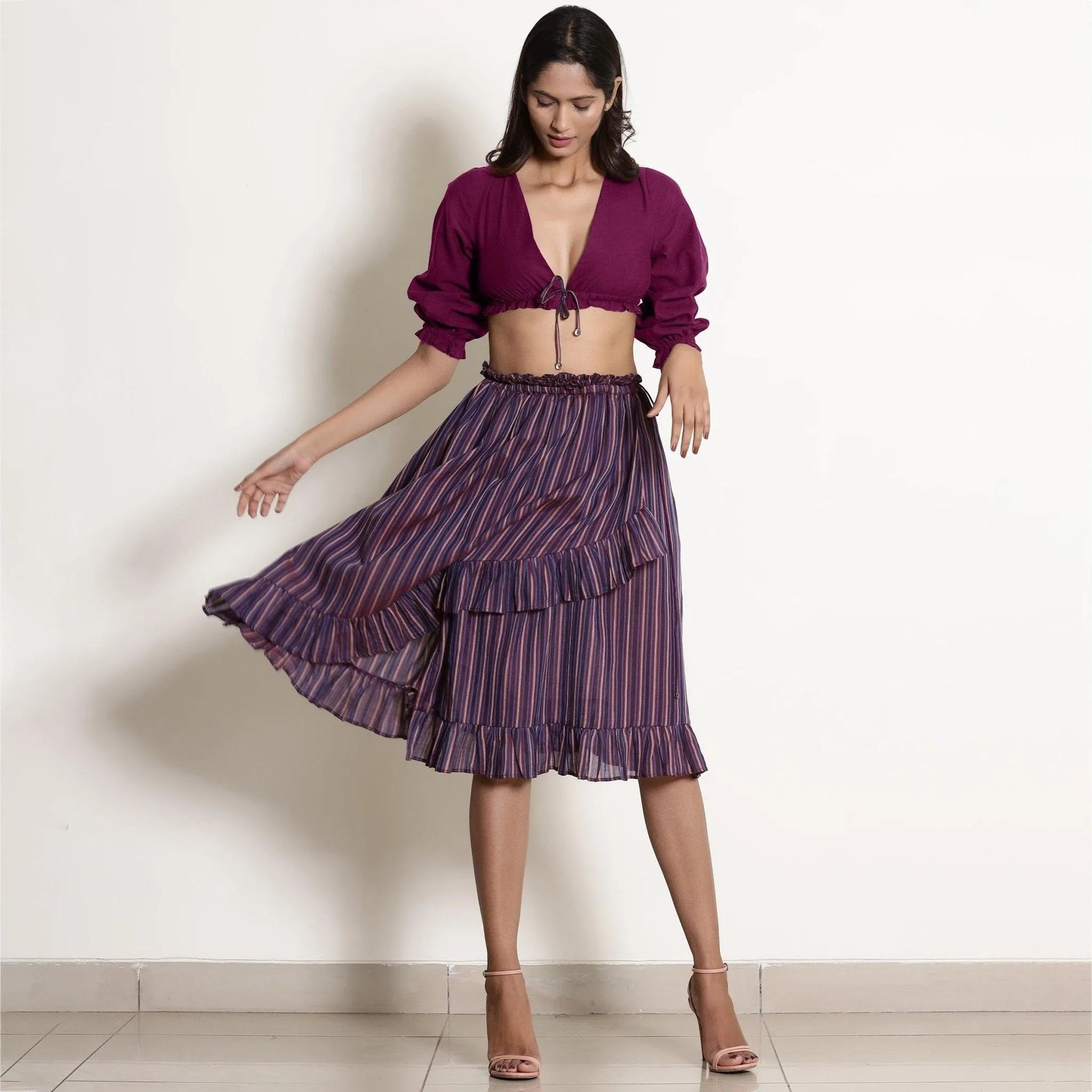Reversible Mulberry Plunge Neck Cotton Blouson Crop Top
