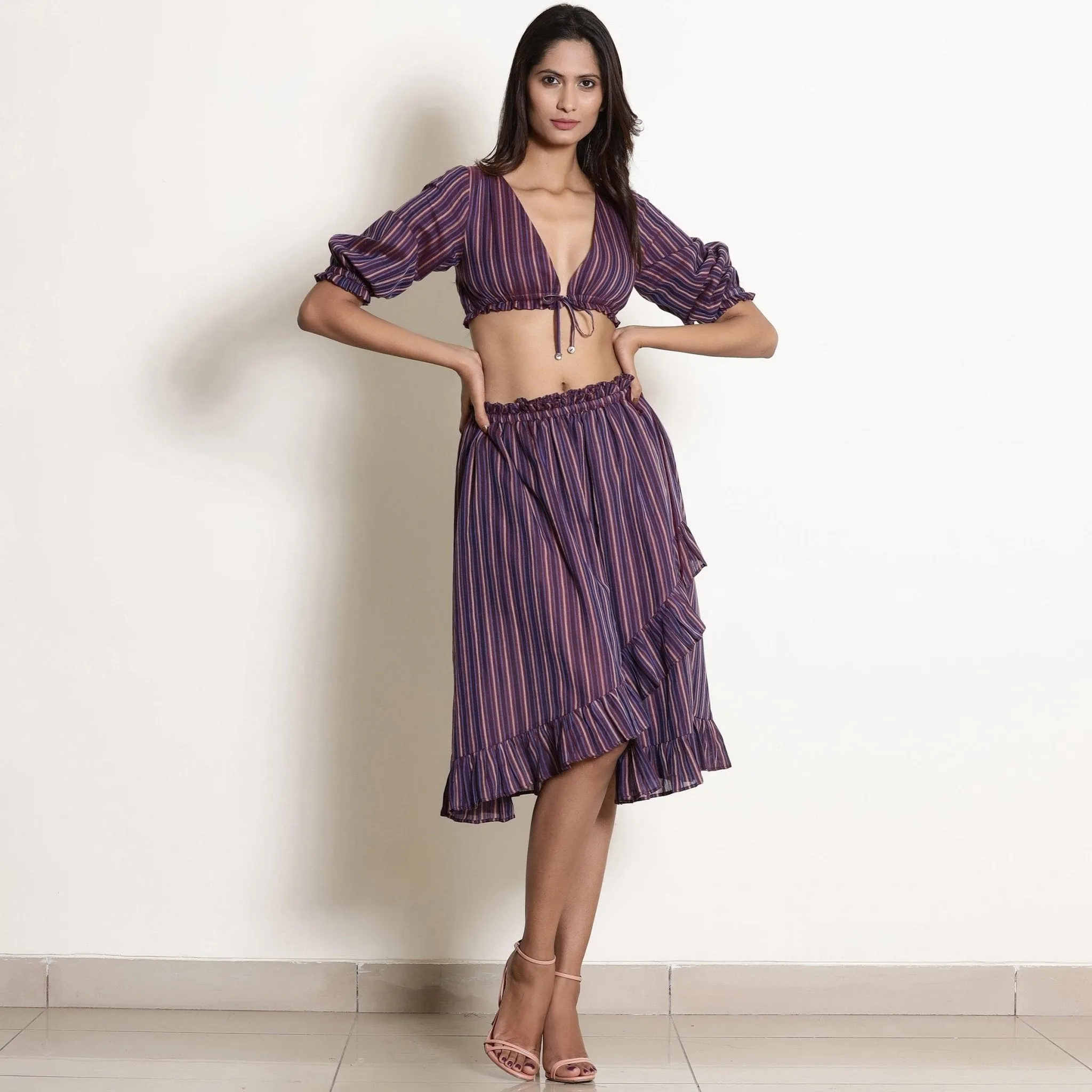 Reversible Mulberry Plunge Neck Cotton Blouson Crop Top