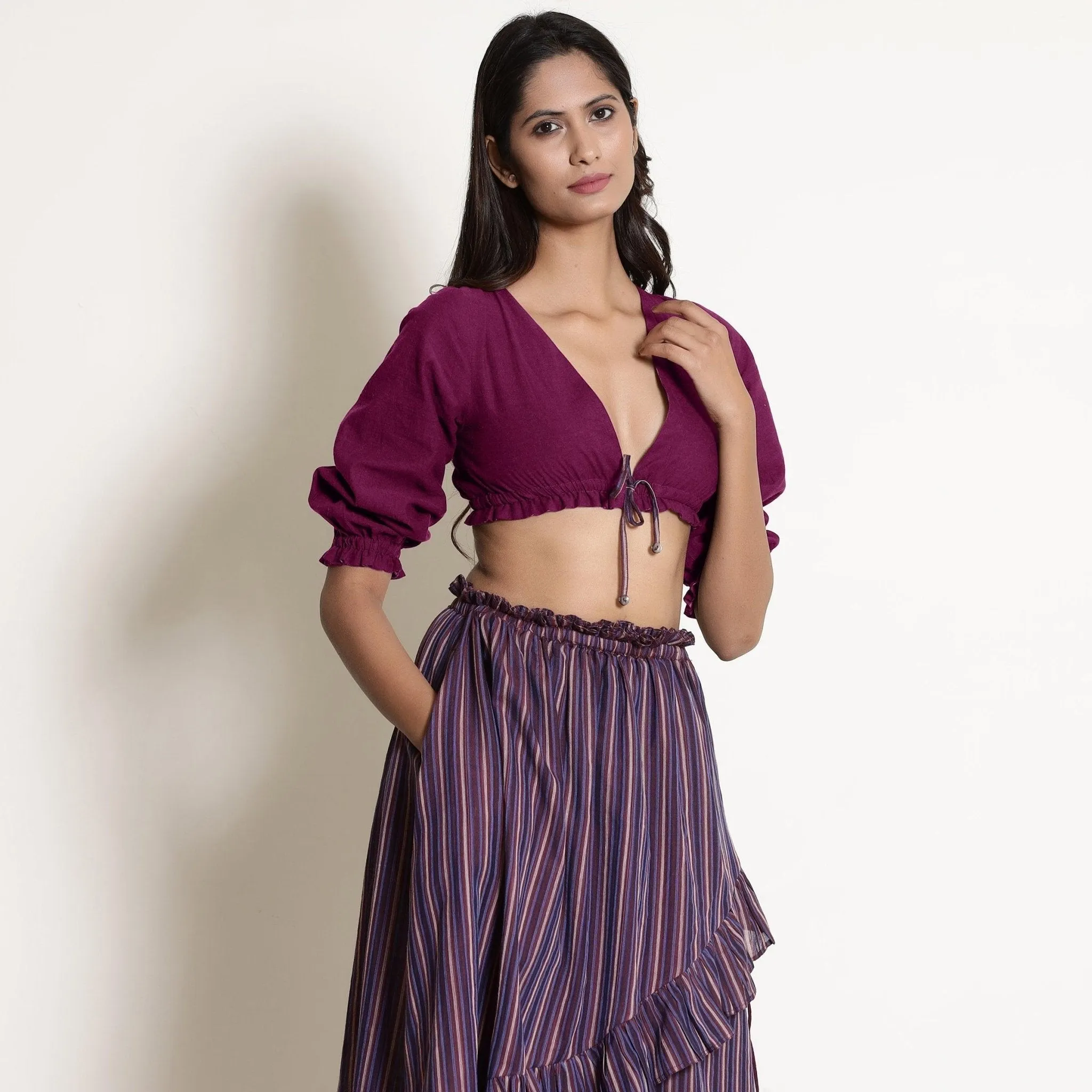 Reversible Mulberry Plunge Neck Cotton Blouson Crop Top