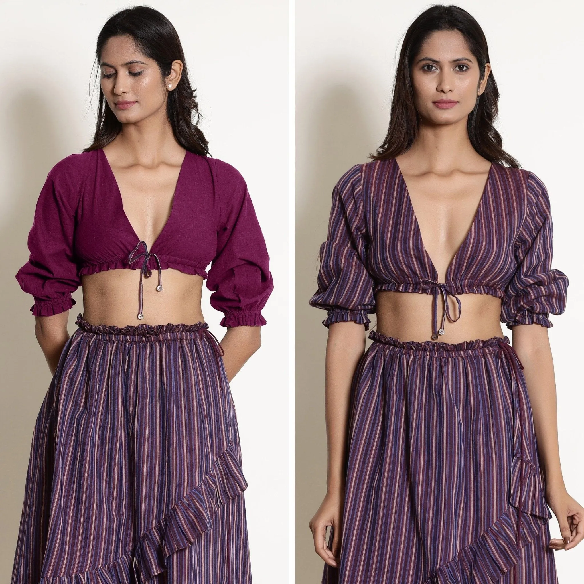 Reversible Mulberry Plunge Neck Cotton Blouson Crop Top