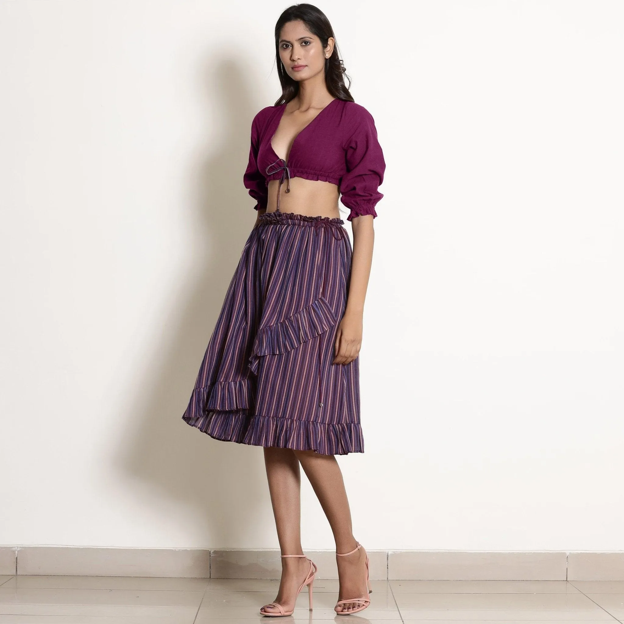 Reversible Mulberry Plunge Neck Cotton Blouson Crop Top
