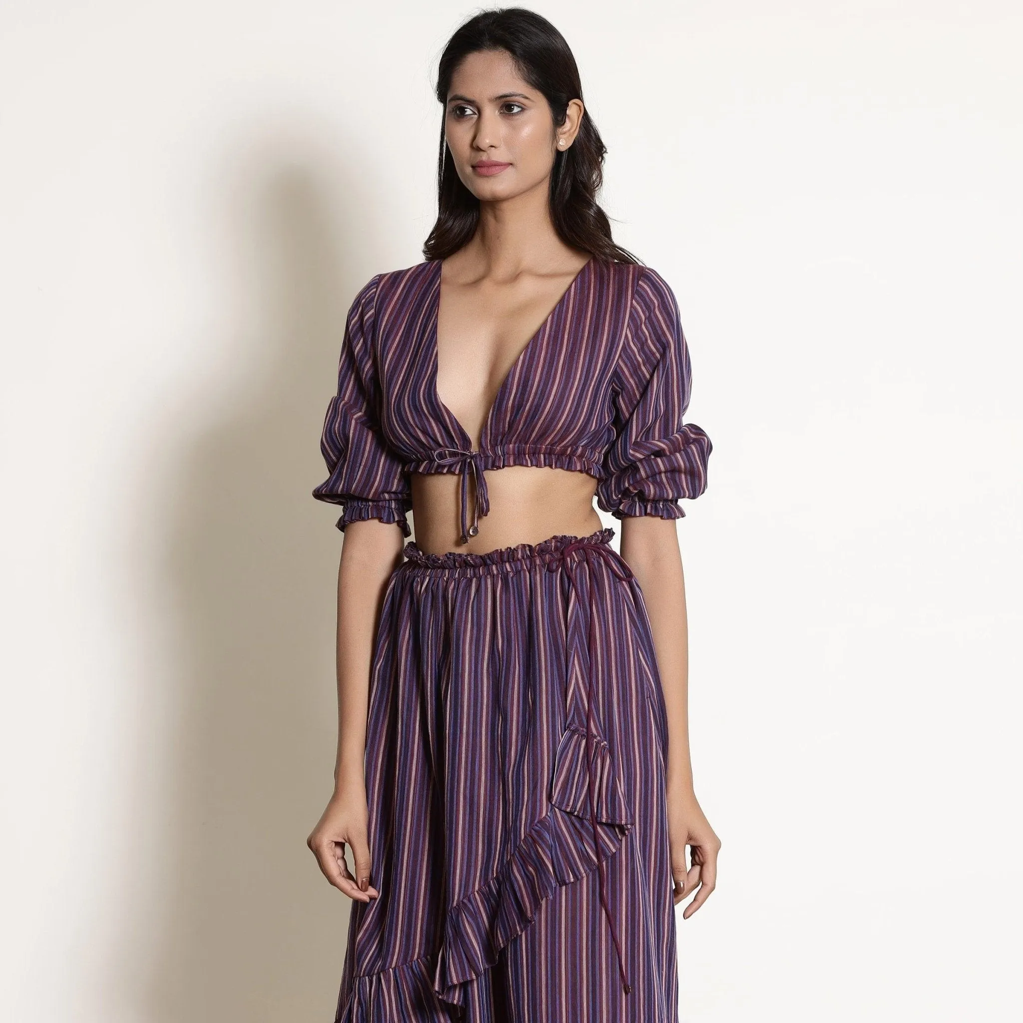 Reversible Mulberry Plunge Neck Cotton Blouson Crop Top
