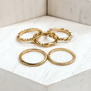 Set of 5 | Multi Textured Ring Set in Gold Tone