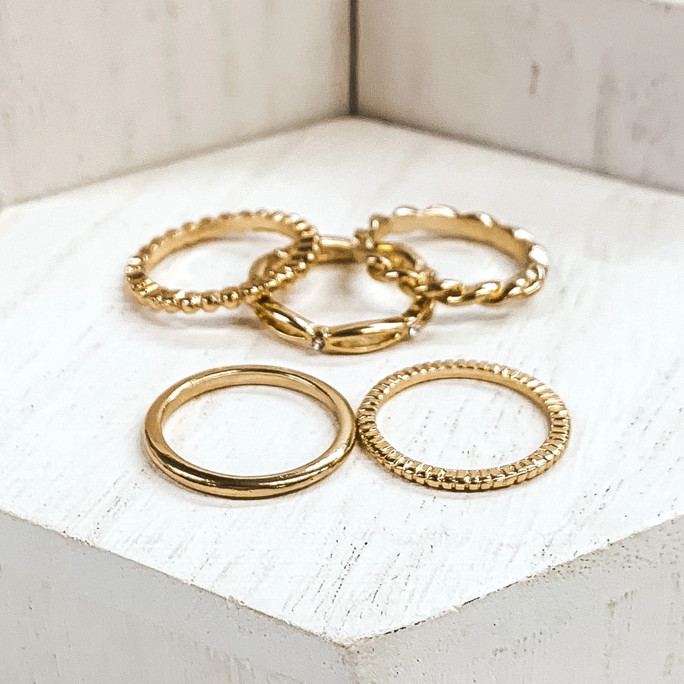 Set of 5 | Multi Textured Ring Set in Gold Tone