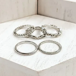 Set of 5 | Multi Textured Ring Set in Silver Tone