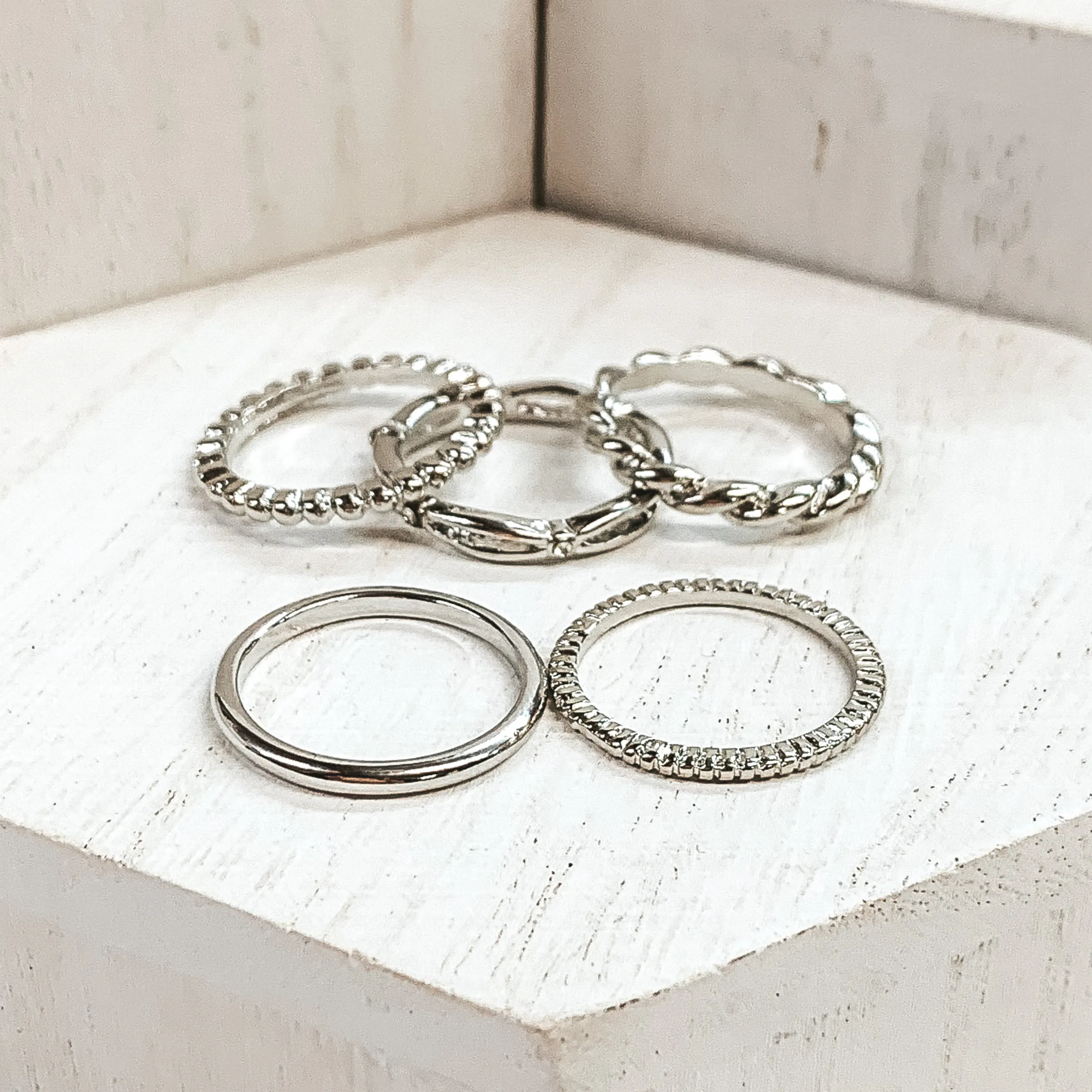 Set of 5 | Multi Textured Ring Set in Silver Tone