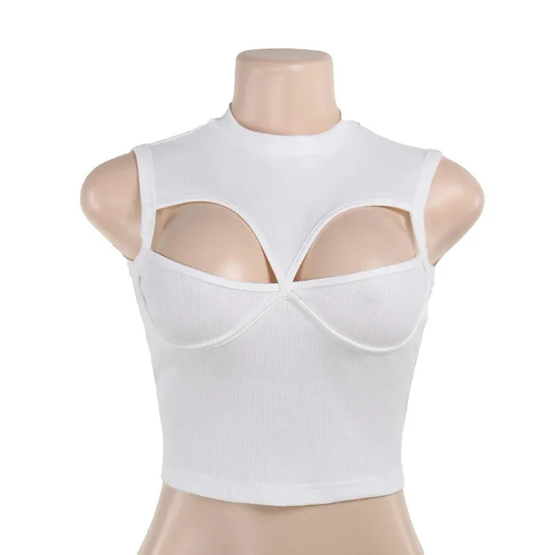 Sifreyr Solid Hollow Out Vest Round Neck Sleeveless Off Shoulder Versatile Spicy Girl Tight Fit Pullover Tank Top For Women